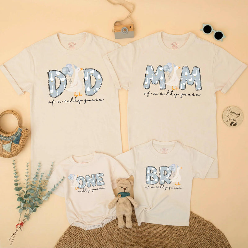 Goose First Birthday Matching Shirts for Family, Custom Baby Boy Outfit with Cartoon Goose Design, Fun Party Wear for Milestone Celebration