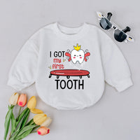 I Got My First Tooth Baby Bodysuit with Cartoon Tooth Design Milestone Outfit for Infant Smiles, Funny Gift for First Tooth Celebration