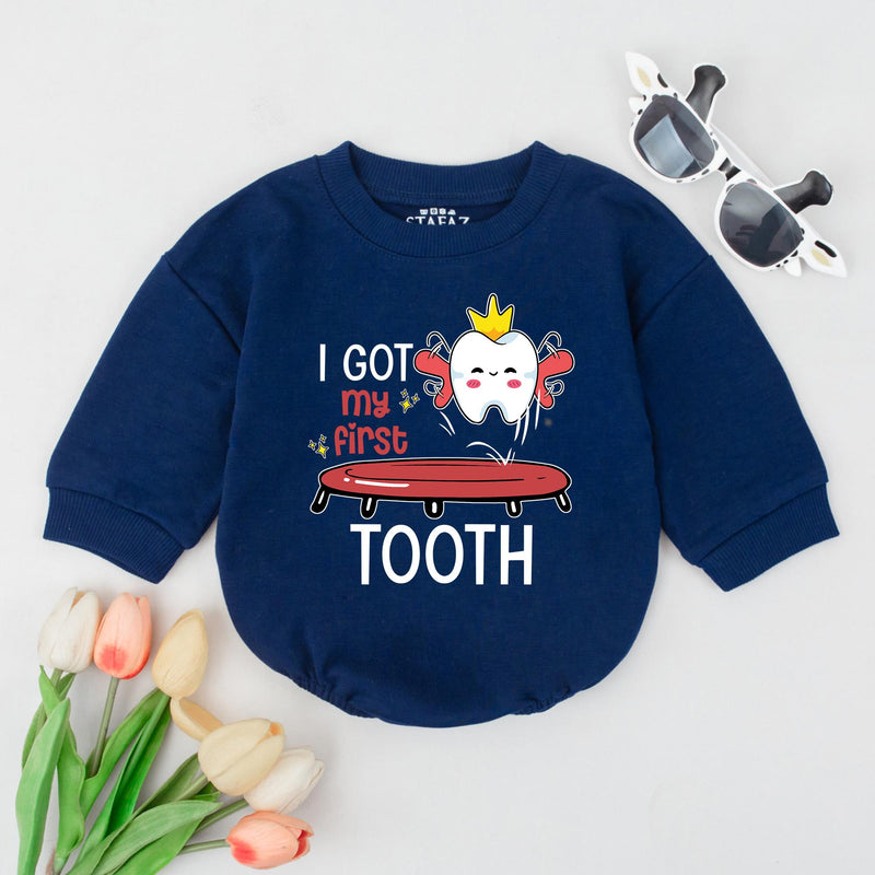 I Got My First Tooth Baby Bodysuit with Cartoon Tooth Design Milestone Outfit for Infant Smiles, Funny Gift for First Tooth Celebration