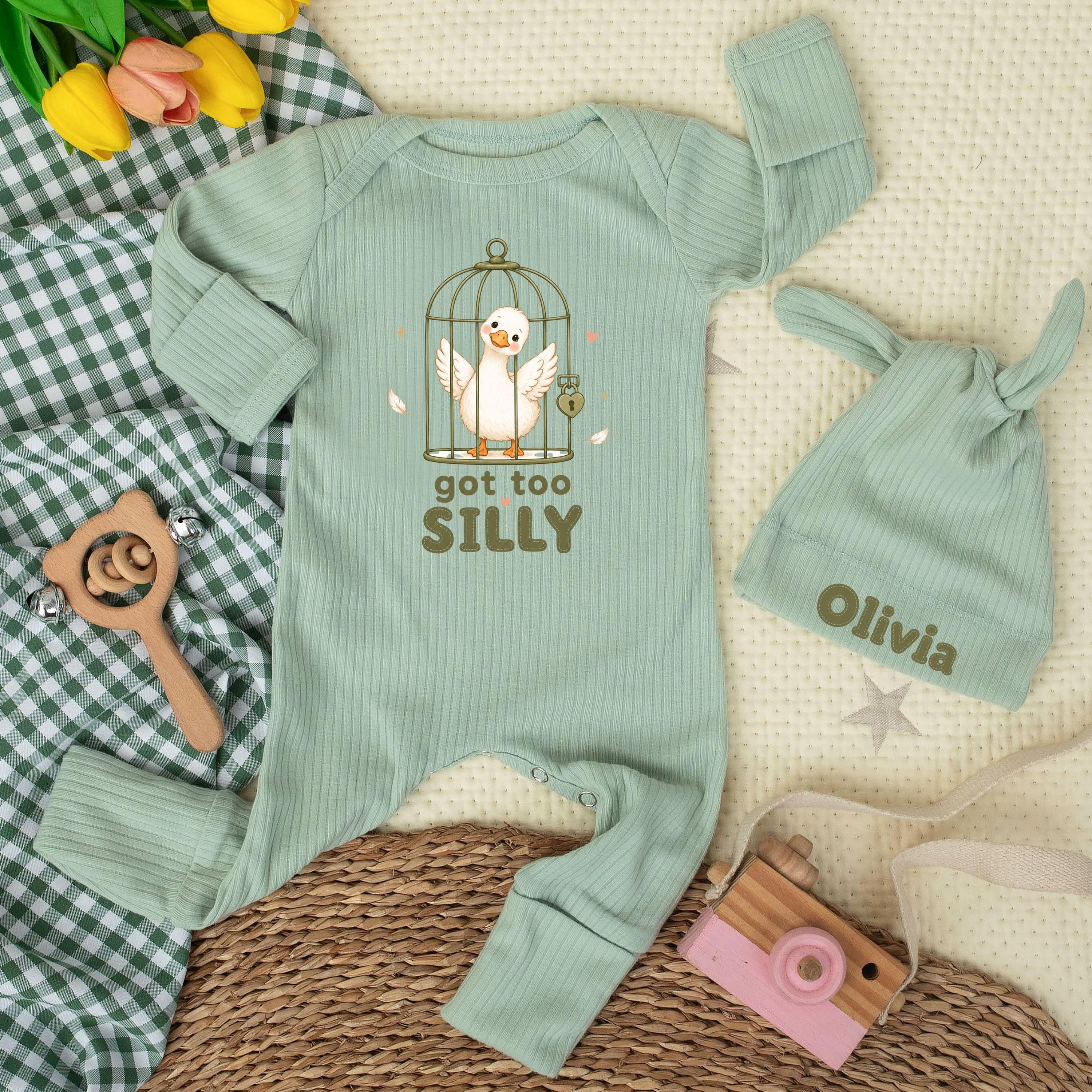 Got Too Silly Baby Bodysuit and Matching Hat Set with Custom Name, Funny Goose Graphic Newborn Outfit, Baby Shower Gift for Boys or Girls