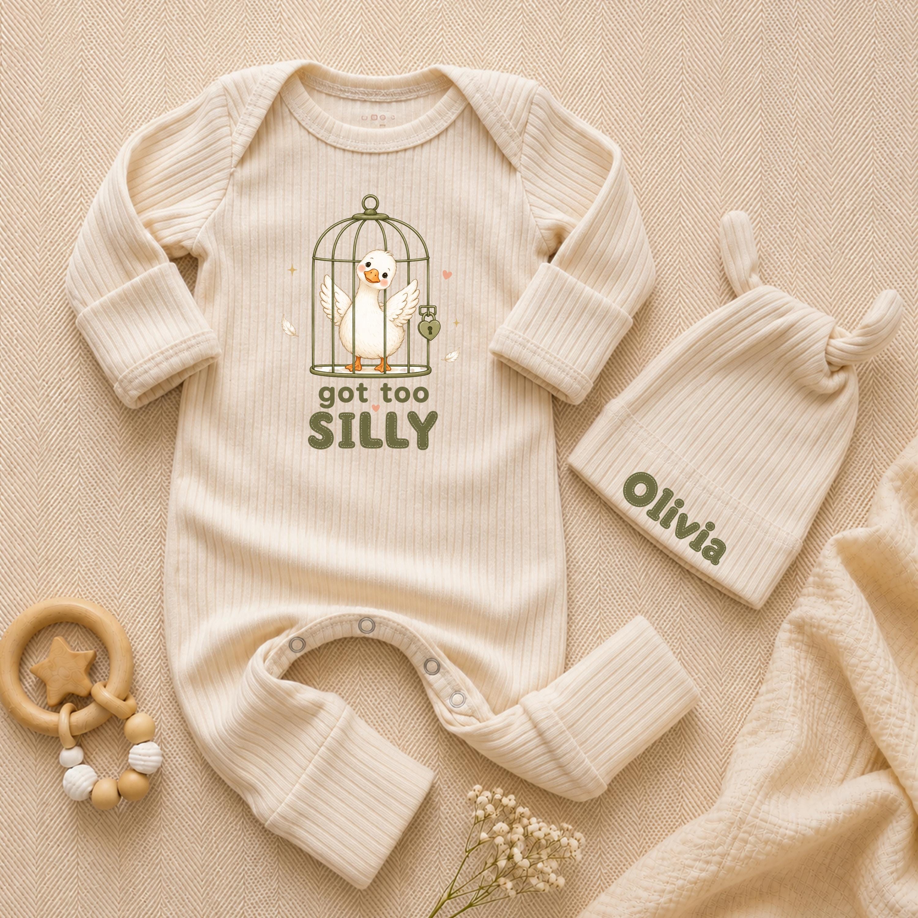Got Too Silly Baby Bodysuit and Matching Hat Set with Custom Name, Funny Goose Graphic Newborn Outfit, Baby Shower Gift for Boys or Girls