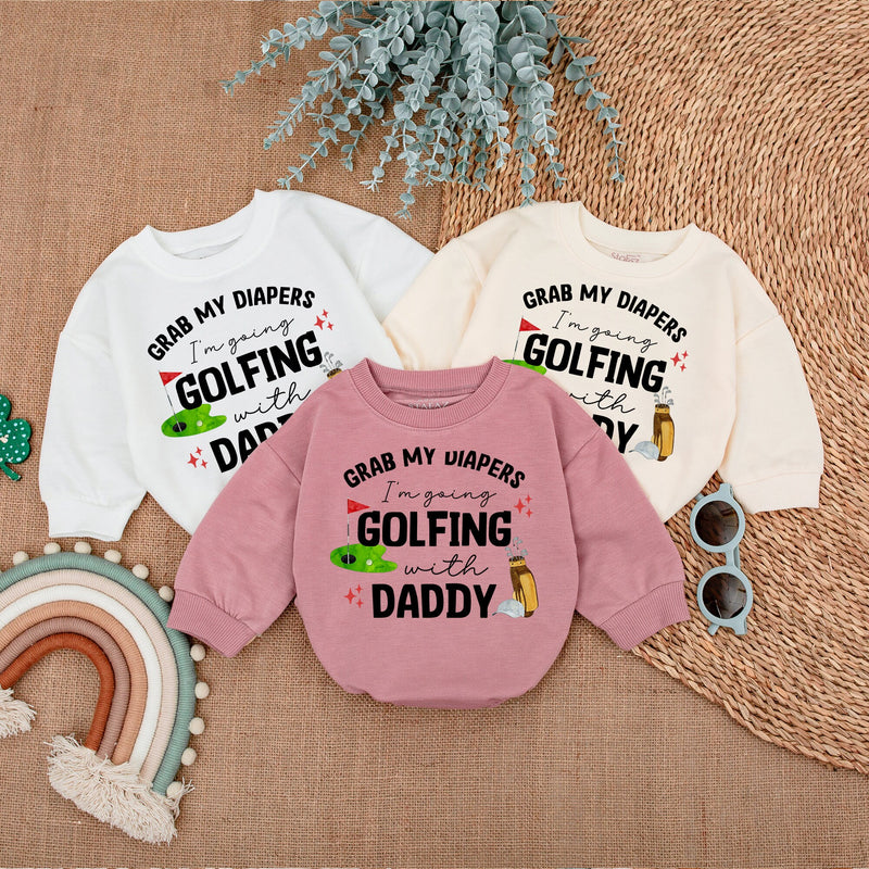 Grab My Diapers I'm Going Golfing With Daddy Baby Romper - Cute Long Sleeve Outfit for Newborns - Soft Cotton Baby Shower Gift