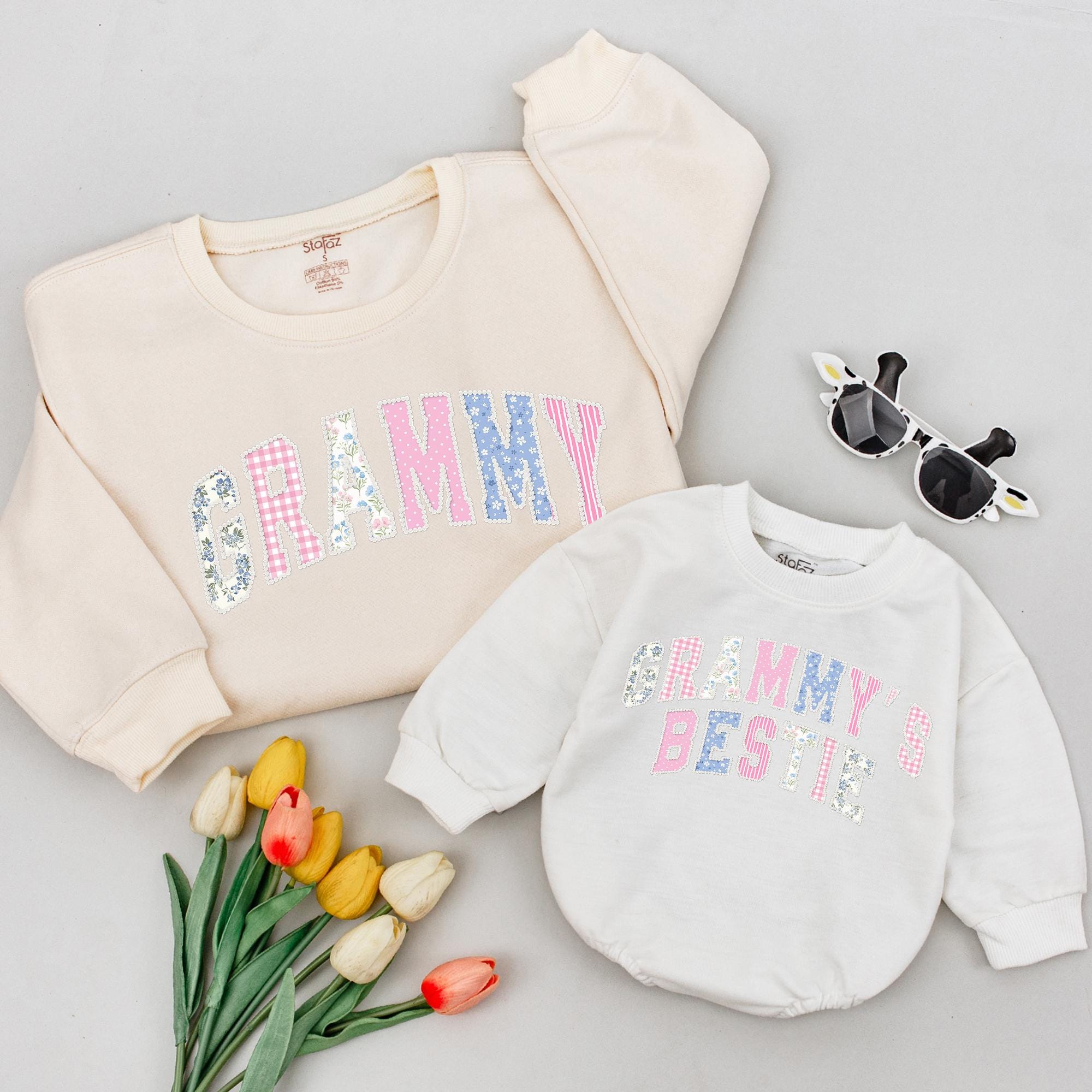 Grammy Floral Patchwork Sweatshirt and Grammy's Bestie Baby Romper, Matching Family Outfits for Grandma and Baby Girl