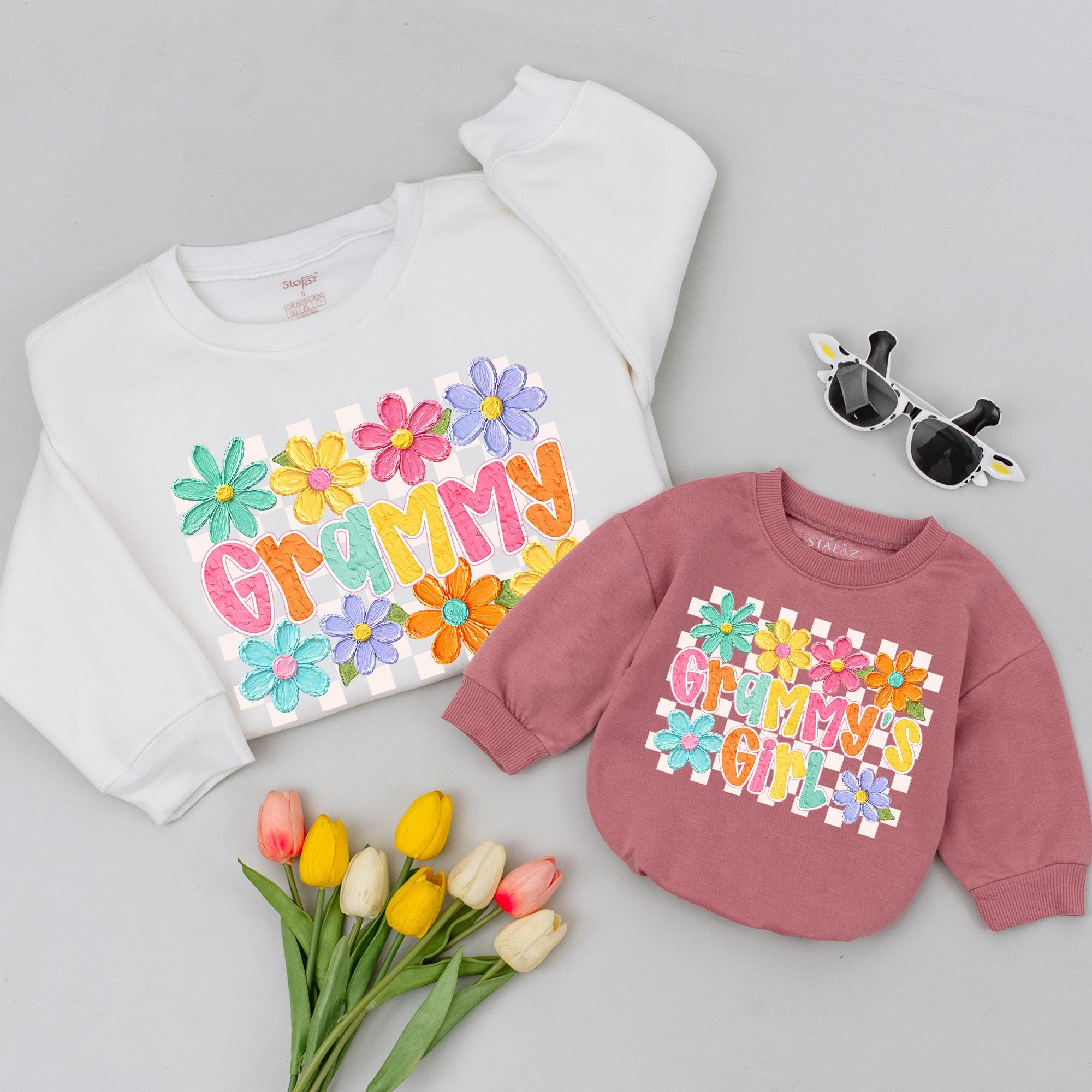 Grammy Floral Sweatshirt and Grammy's Girl Matching Outfits, Colorful Flower Design Grandma Gift, Baby Girl Sweater