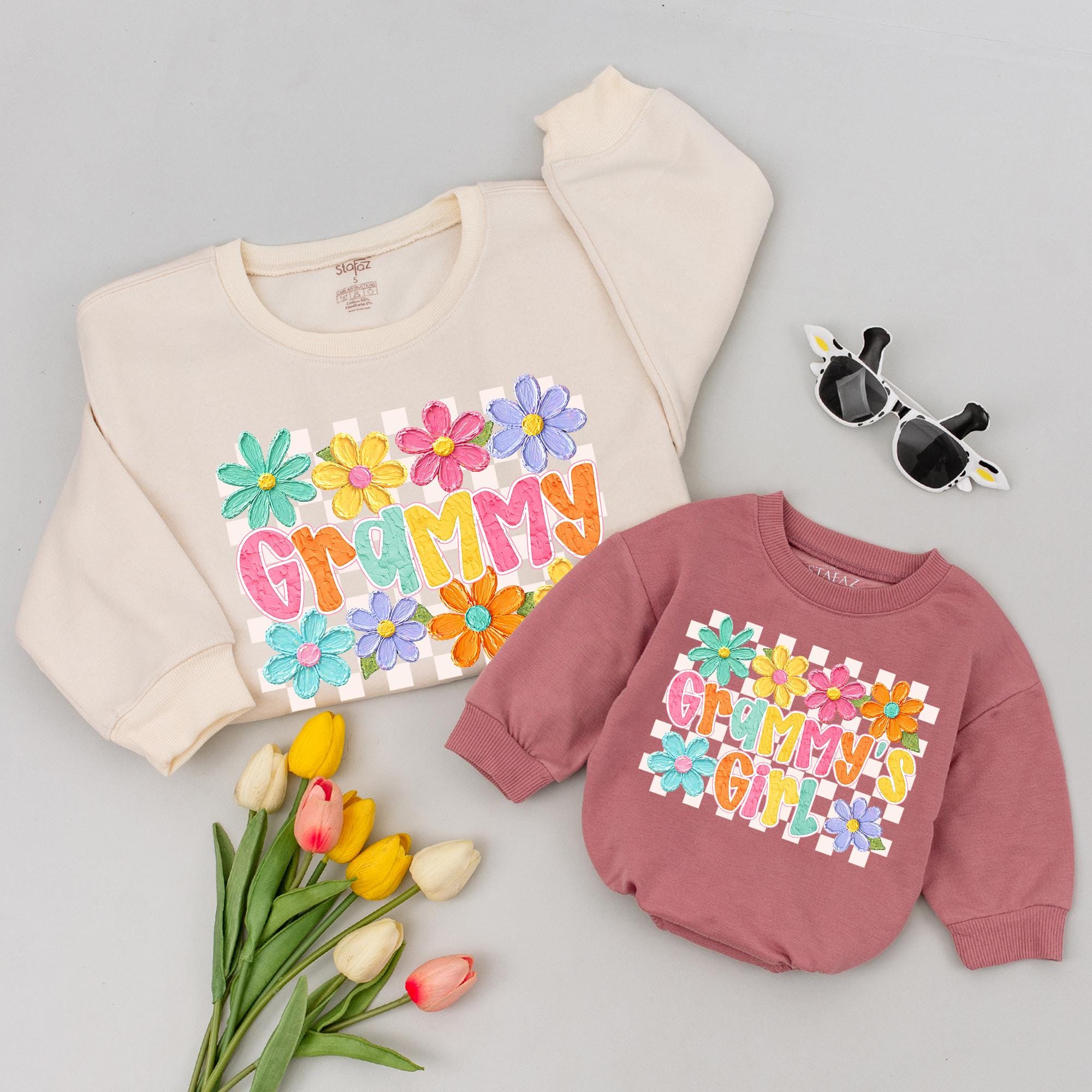 Grammy Floral Sweatshirt and Grammy's Girl Matching Outfits, Colorful Flower Design Grandma Gift, Baby Girl Sweater