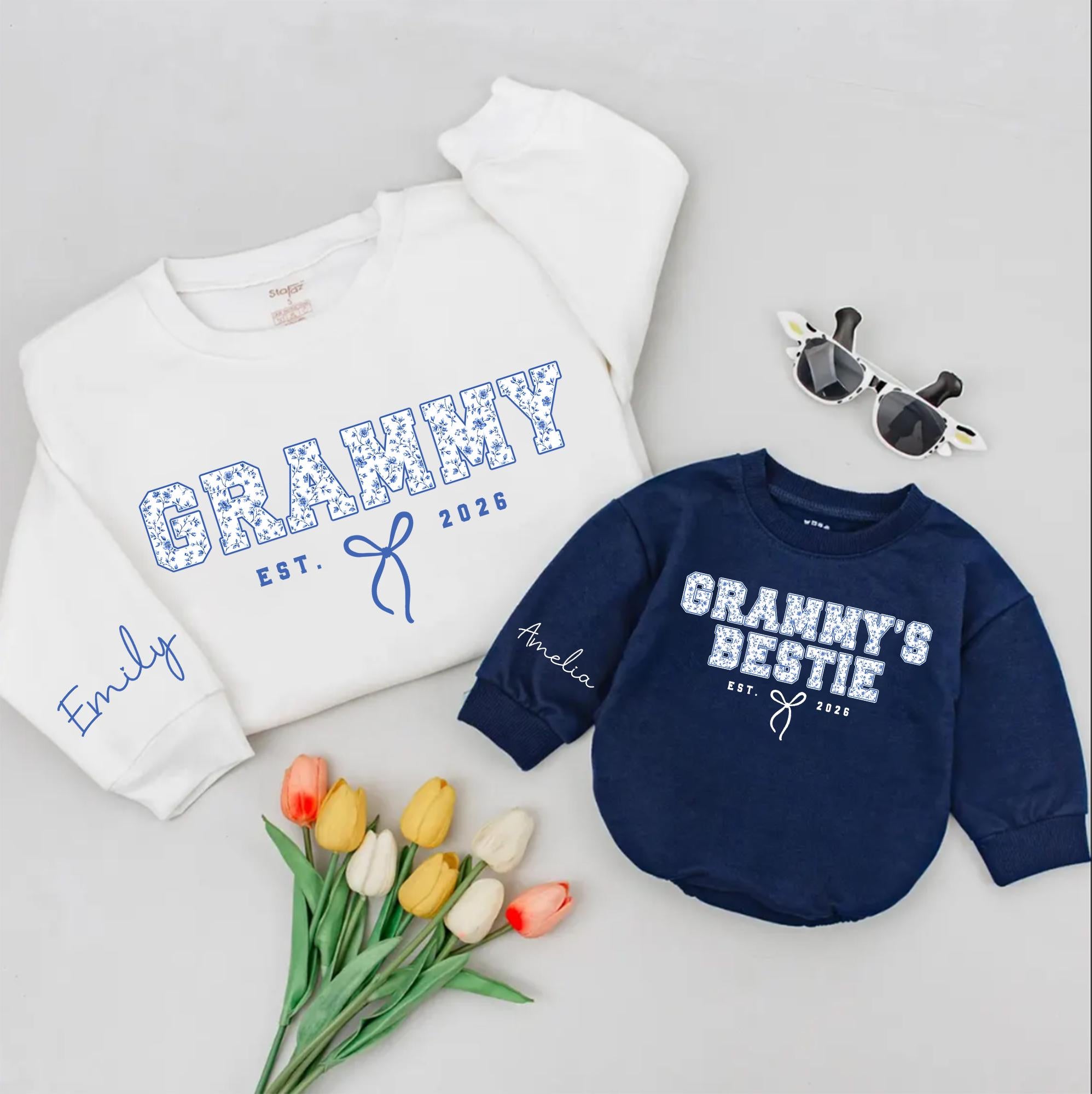 Grammy & Grammy's Bestie Matching Shirts with Blue Floral Design, Custom Names & EST Year, New Grandma Gift or Baby Romper