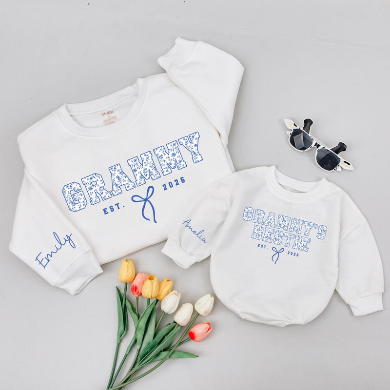 Grammy & Grammy's Bestie Matching Shirts with Blue Floral Design, Custom Names & EST Year, New Grandma Gift or Baby Romper