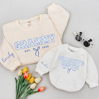 Grammy & Grammy's Bestie Matching Shirts with Blue Floral Design, Custom Names & EST Year, New Grandma Gift or Baby Romper