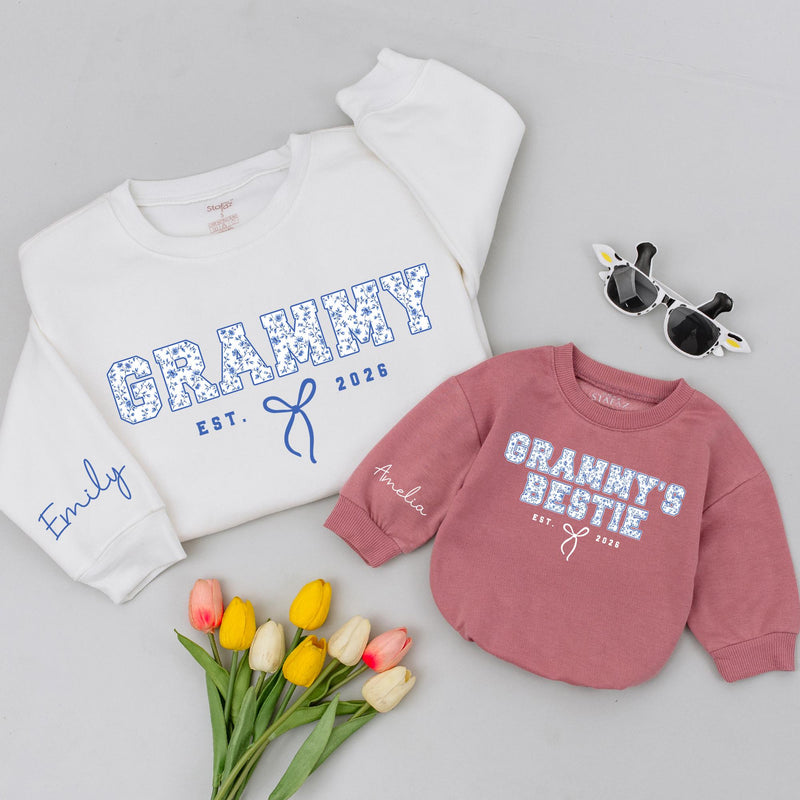 Grammy & Grammy's Bestie Matching Shirts with Blue Floral Design, Custom Names & EST Year, New Grandma Gift or Baby Romper