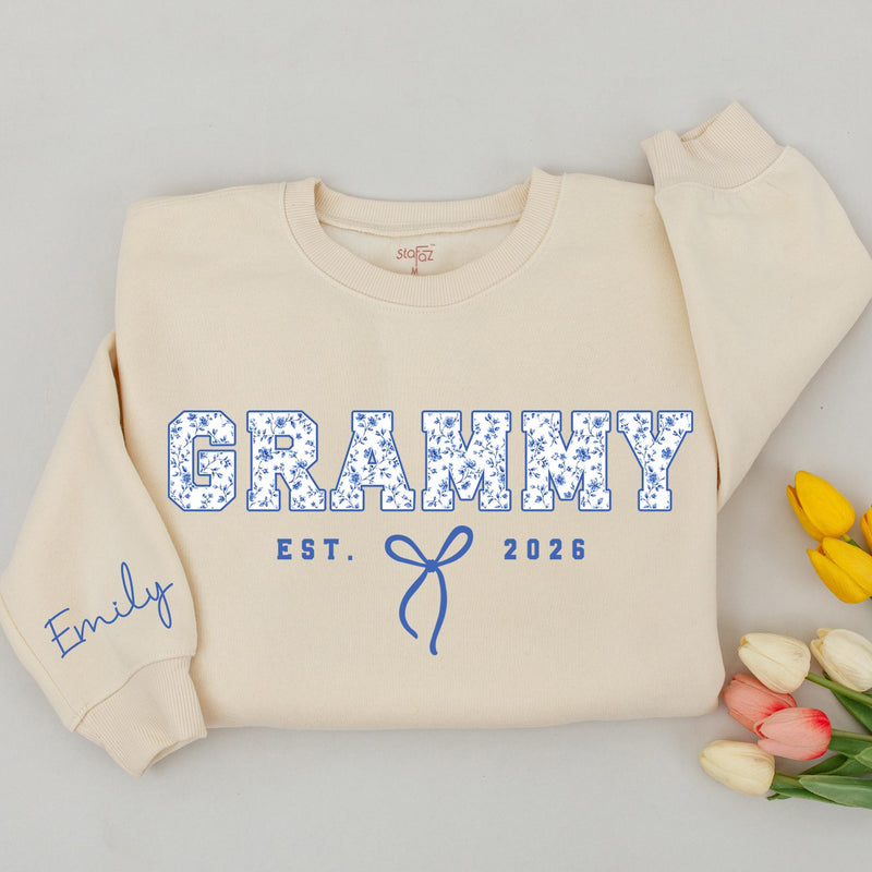 Grammy & Grammy's Bestie Matching Shirts with Blue Floral Design, Custom Names & EST Year, New Grandma Gift or Baby Romper