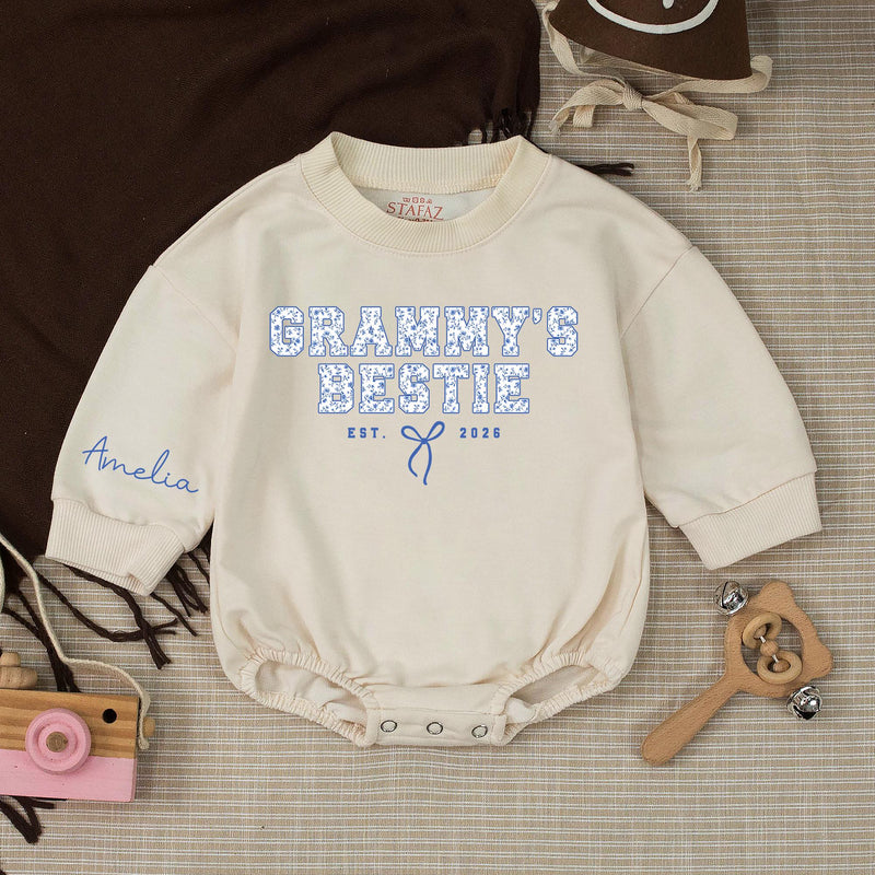 Grammy & Grammy's Bestie Matching Shirts with Blue Floral Design, Custom Names & EST Year, New Grandma Gift or Baby Romper