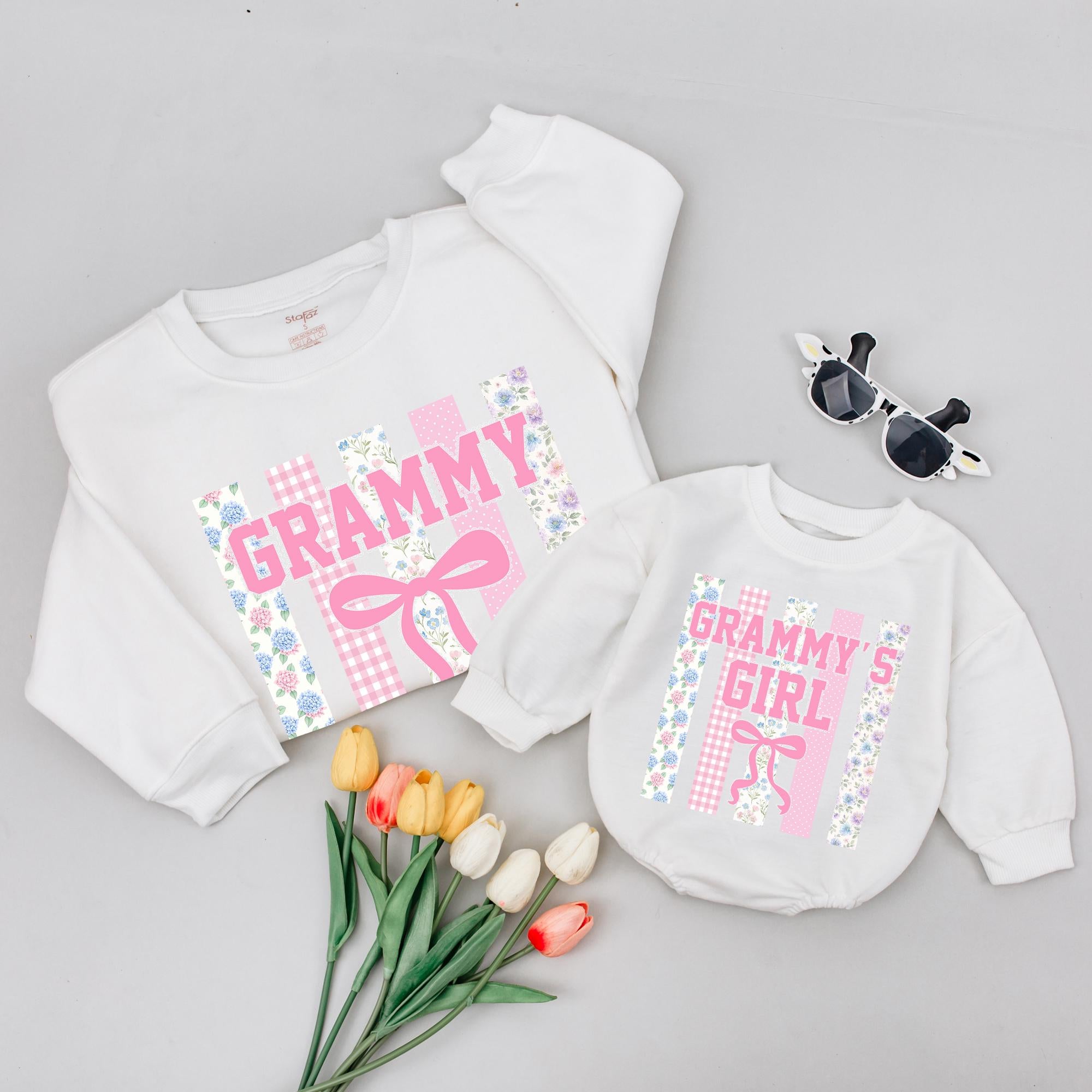 Grammy and Grammy's Girl Matching Outfits with Pink Floral Bow Artwork, Baby Girl Romper and Grandma Sweatshirt Gift