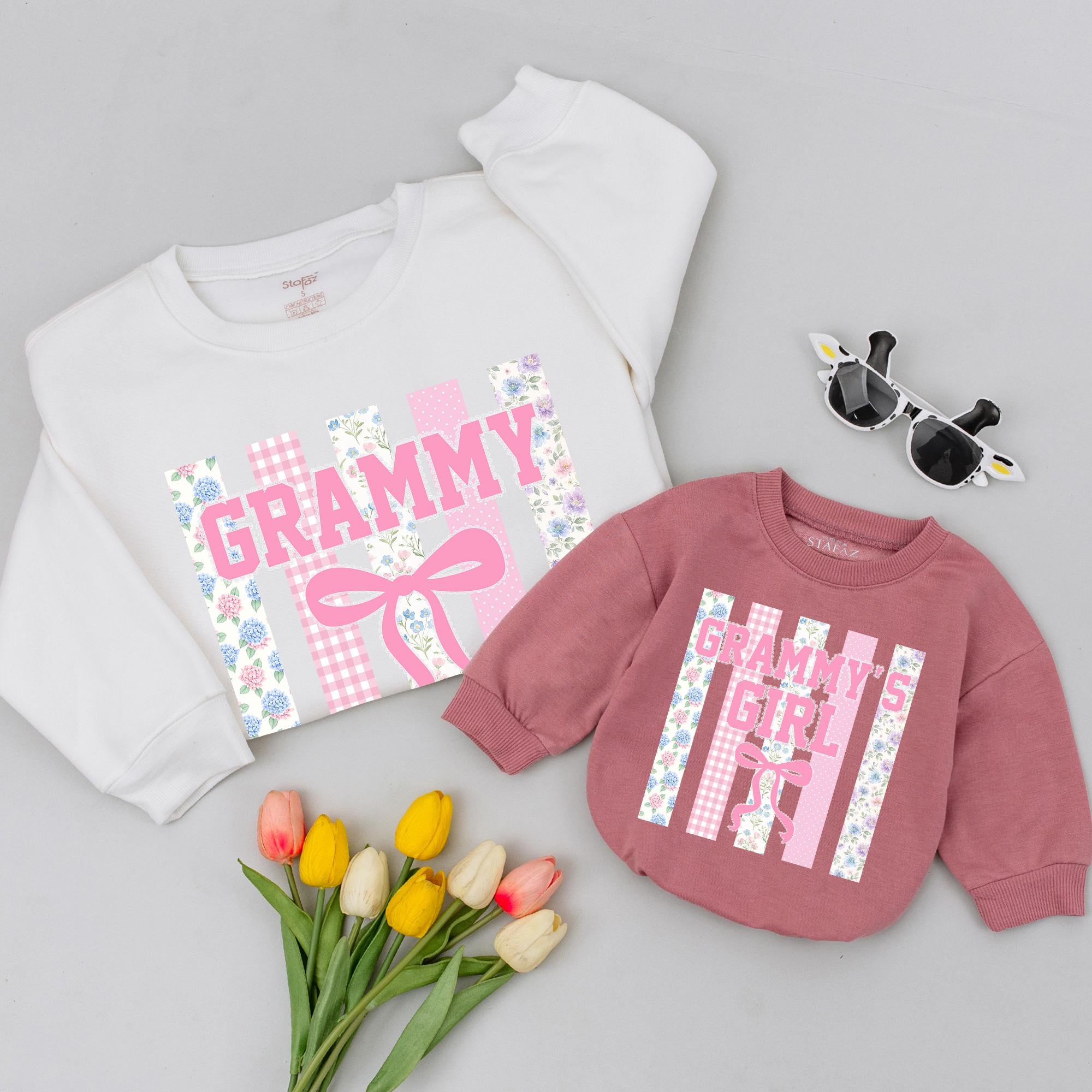 Grammy and Grammy's Girl Matching Outfits with Pink Floral Bow Artwork, Baby Girl Romper and Grandma Sweatshirt Gift