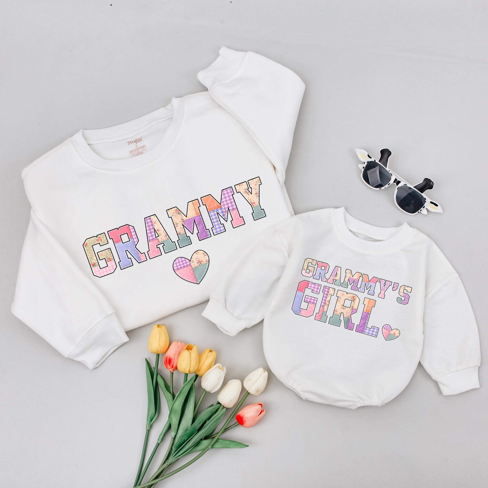 Grammy and Grammy's Girl Matching Sweatshirts with Pastel Heart Artwork, New Grandma Announcement Outfit for Baby and Adult