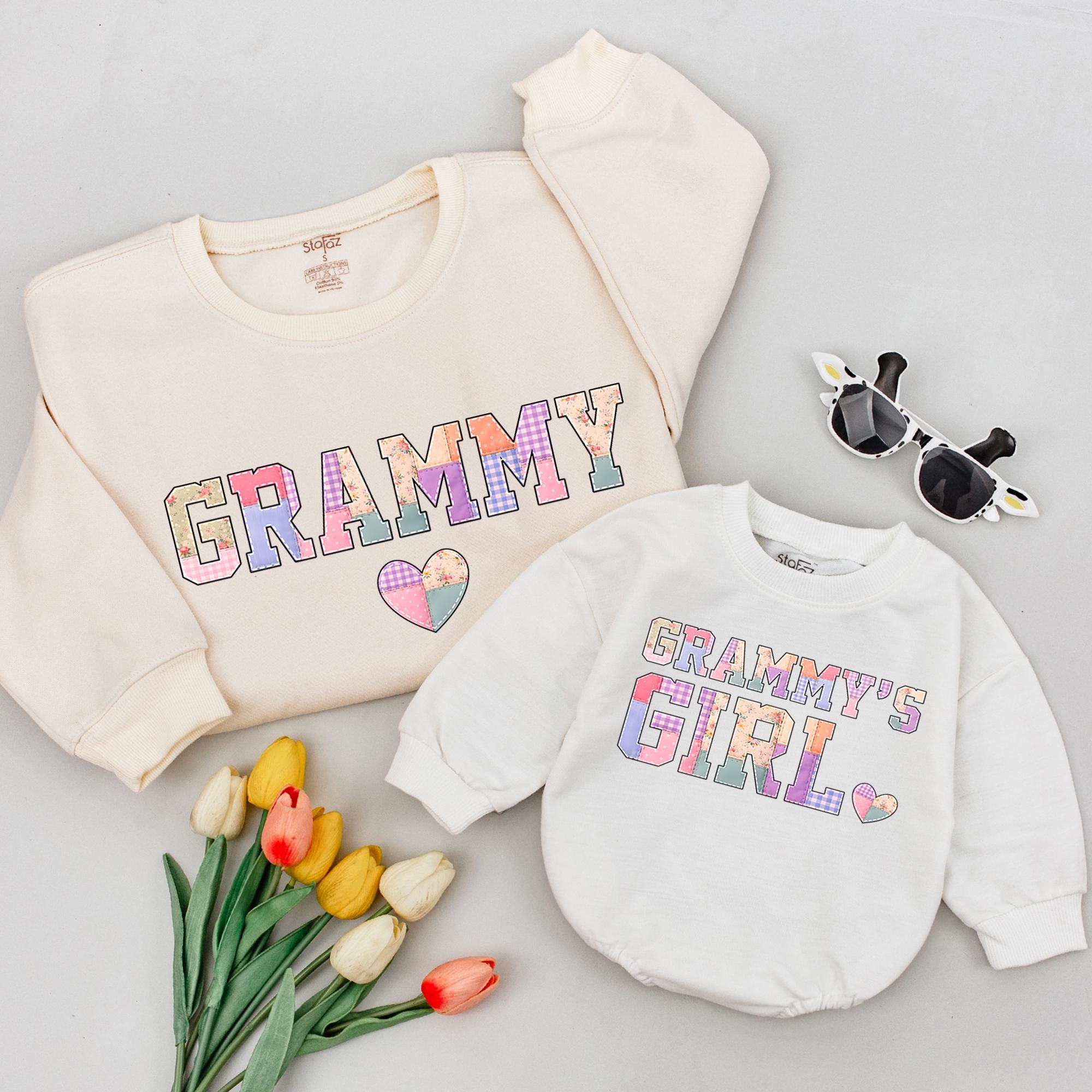 Grammy and Grammy's Girl Matching Sweatshirts with Pastel Heart Artwork, New Grandma Announcement Outfit for Baby and Adult