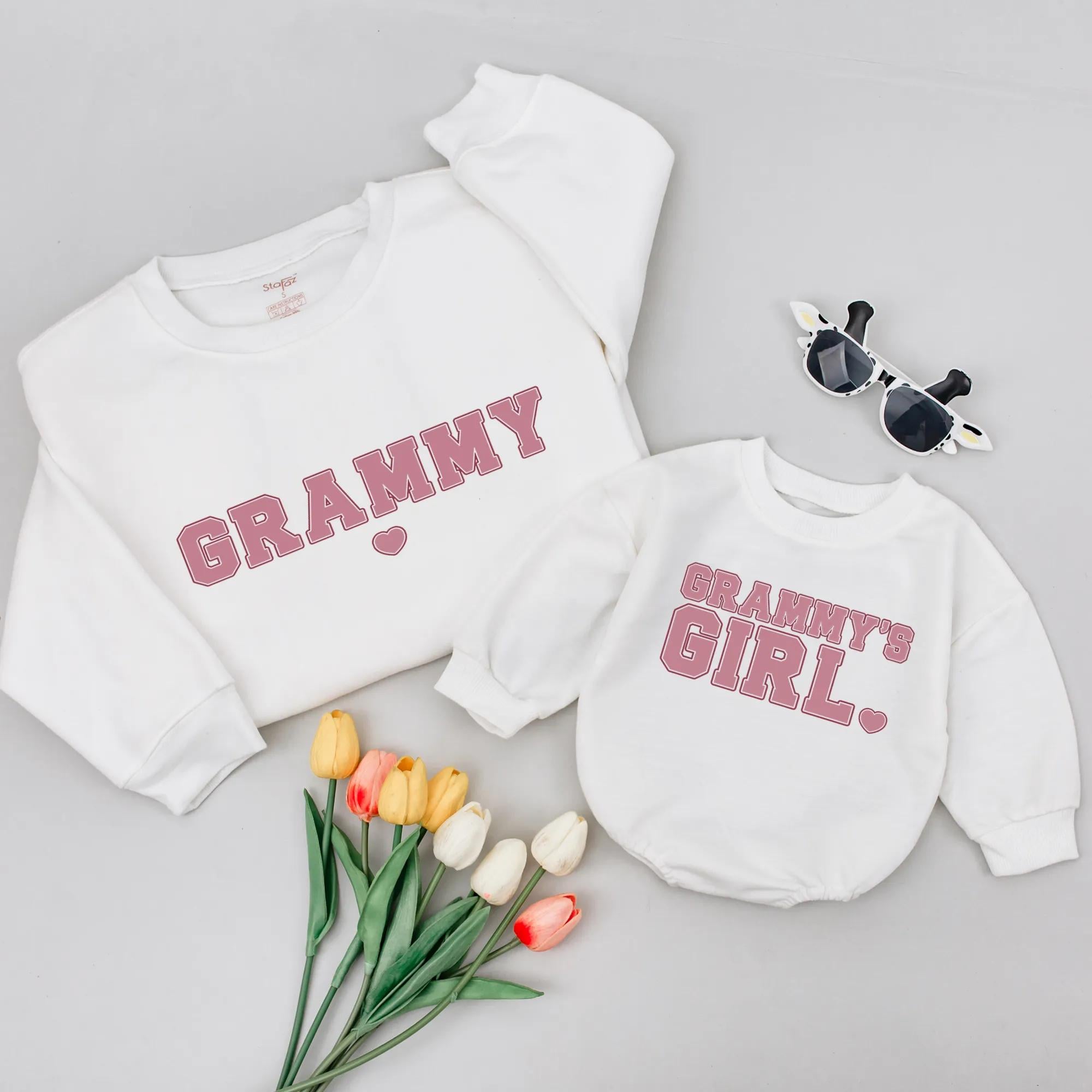 Grammy and Granddaughter Matching Sweatshirt and Baby Romper Set, Soft Mauve and Off-White Cotton Outfit with Heart Design, NB-2XL