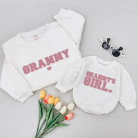 Custom Grammy & Granddaughter Matching Sweatshirt & Baby Romper Set, Soft Cotton, Minimalist Design, NB-2XL, Perfect for Gifting