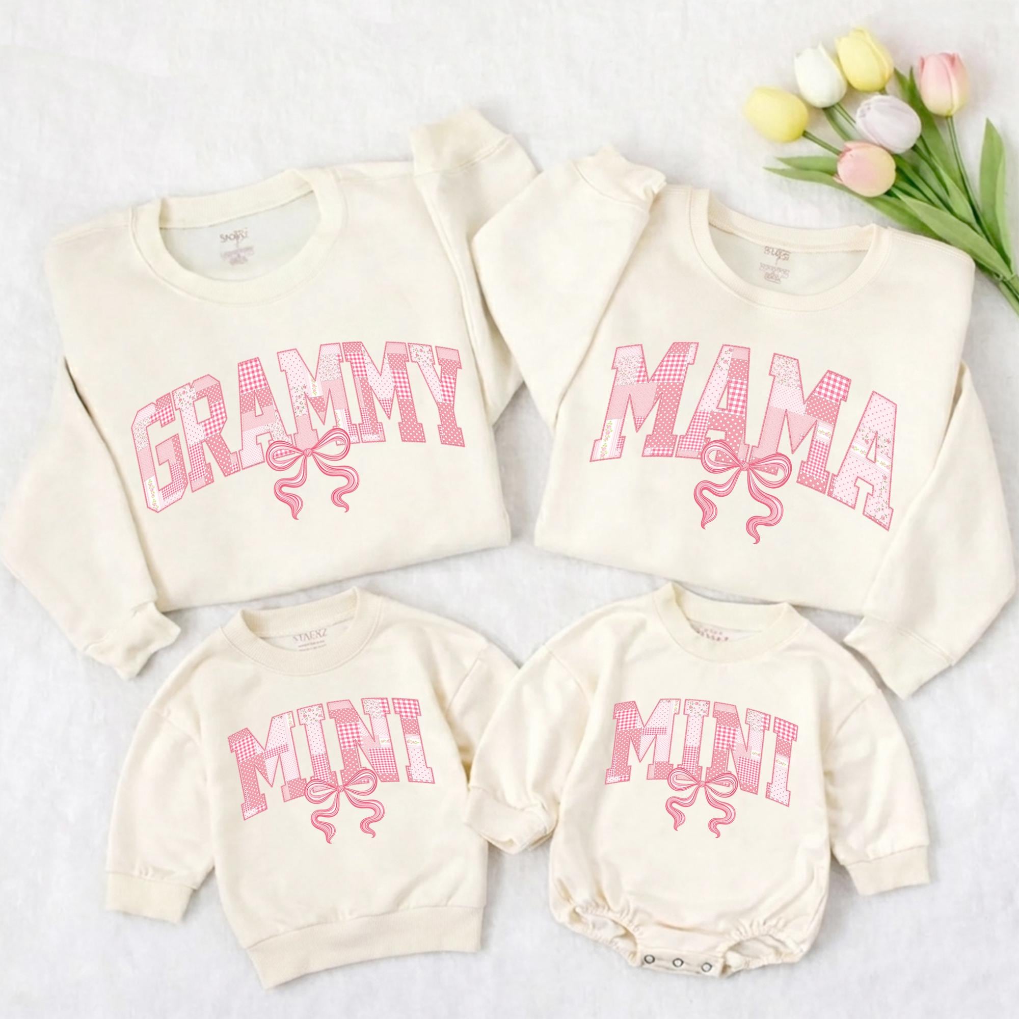 Grammy Mama Mini Matching Sweatshirts with Pink Bow Artwork, Family Outfit for Milestones, Customizable Names Available