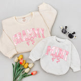 Grammy Mama Mini Matching Sweatshirts with Pink Bow Artwork, Family Outfit for Milestones, Customizable Names Available