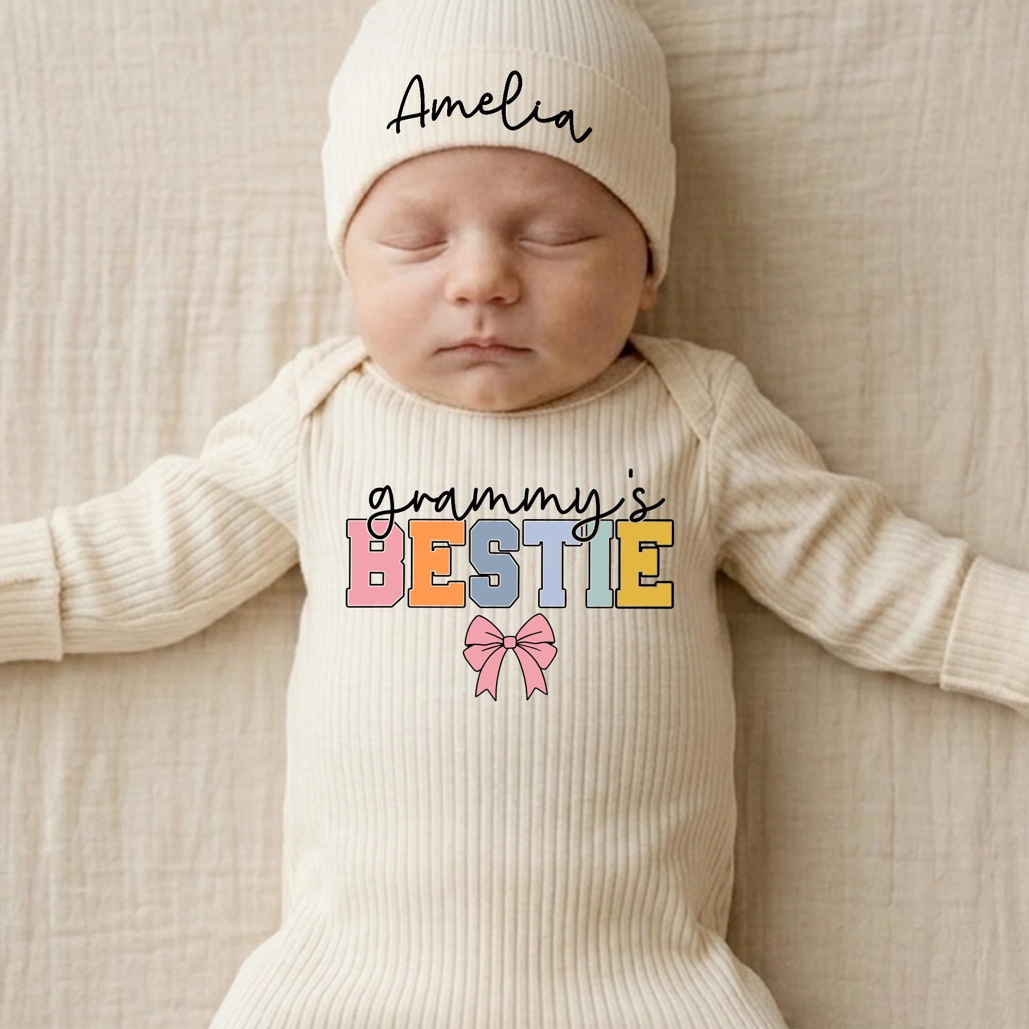 Grammy's Bestie Baby Romper and Hat Set with Custom Name, Colorful Bow Design, Newborn Coming Home Outfit or Baby Shower Gift
