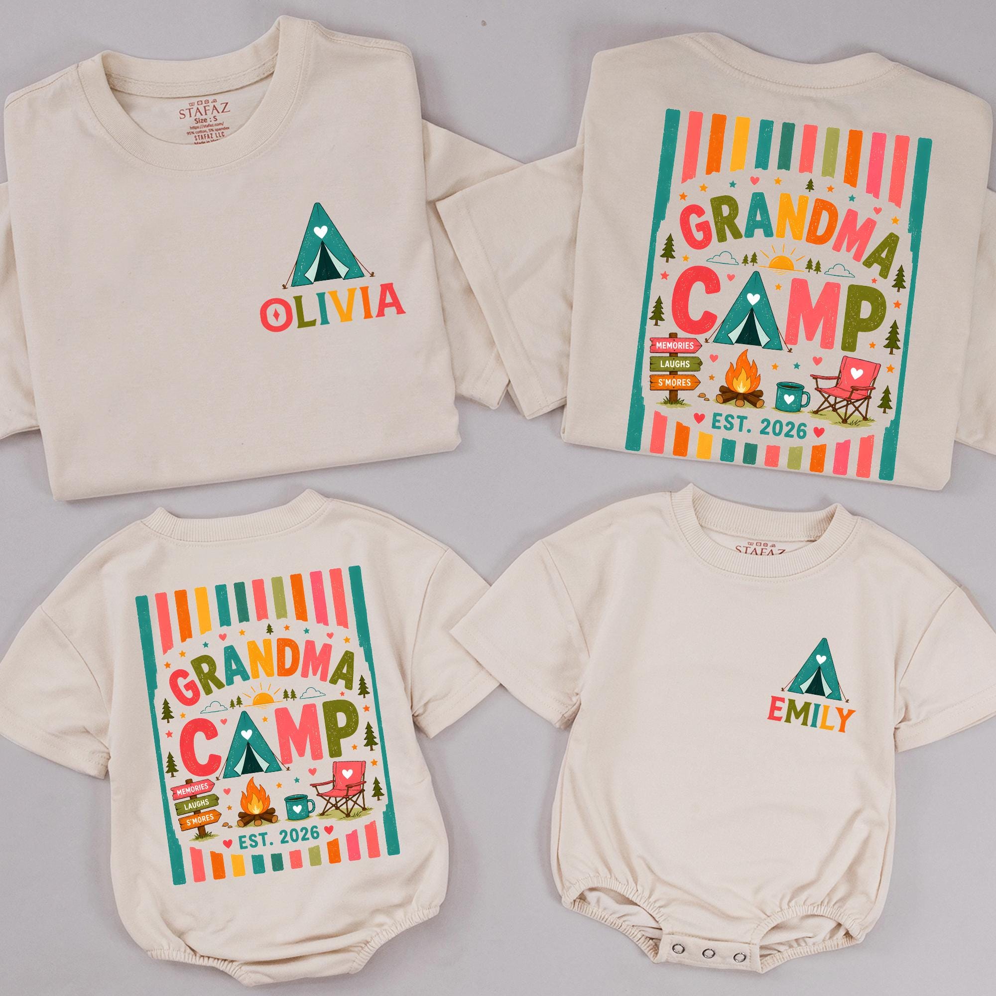 Grandma Camp 2026 Matching Family Shirts with Custom Names, Colorful Camping Theme Tee & Baby Romper for Grandparents Day