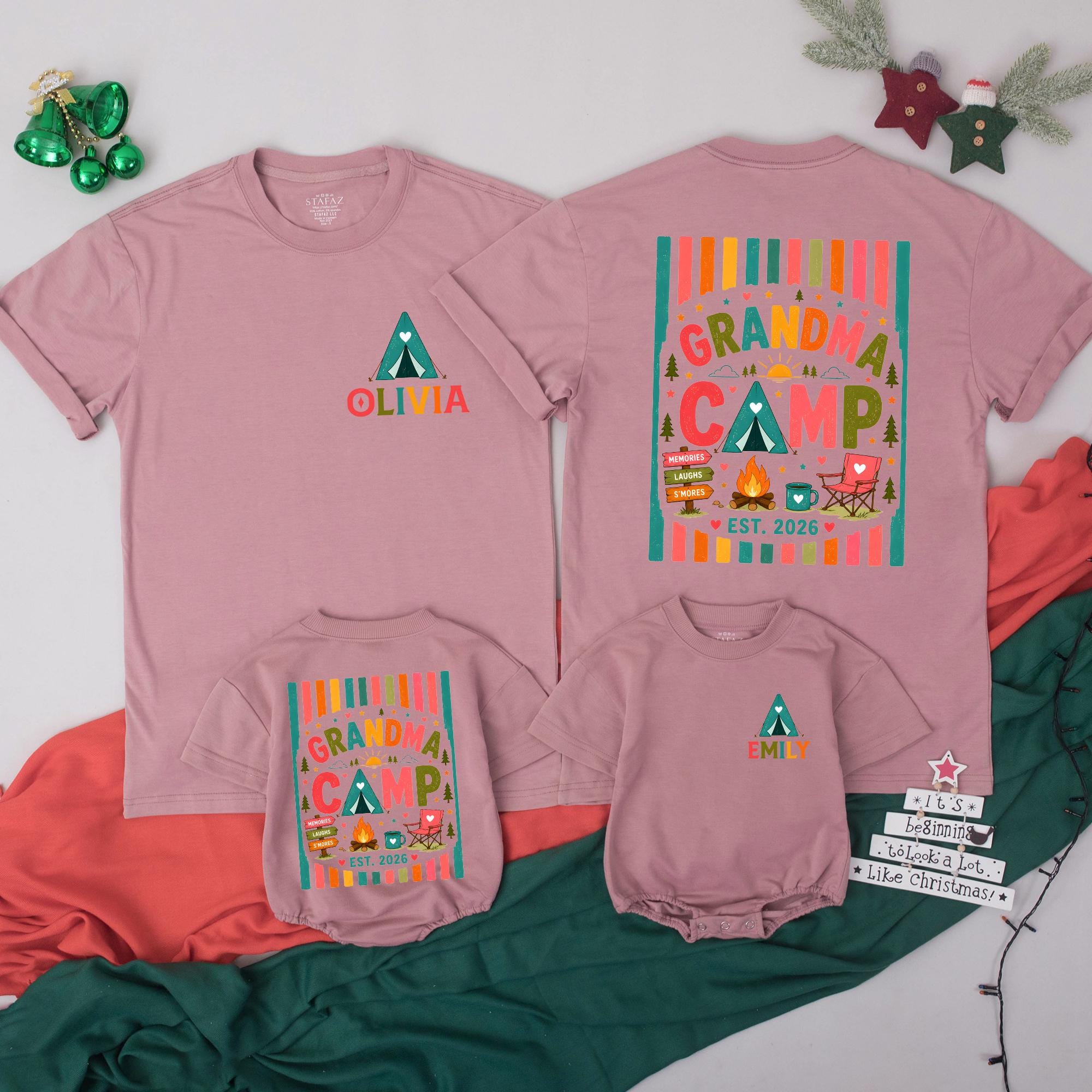 Grandma Camp 2026 Matching Family Shirts with Custom Names, Colorful Camping Theme Tee & Baby Romper for Grandparents Day