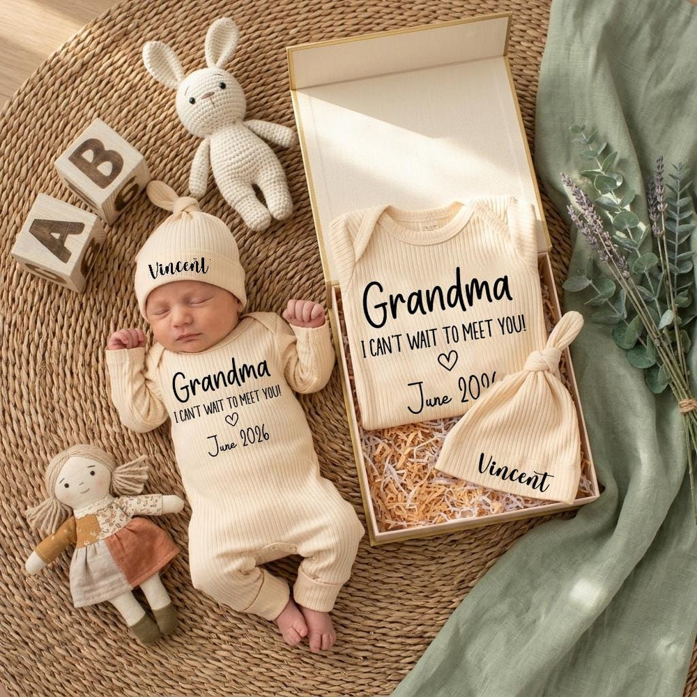 Grandma I Can't Wait to Meet You Baby Bodysuit Modern Black Typography Design Perfect Pregnancy Reveal Baby Shower Gift June 2026 Keepsake