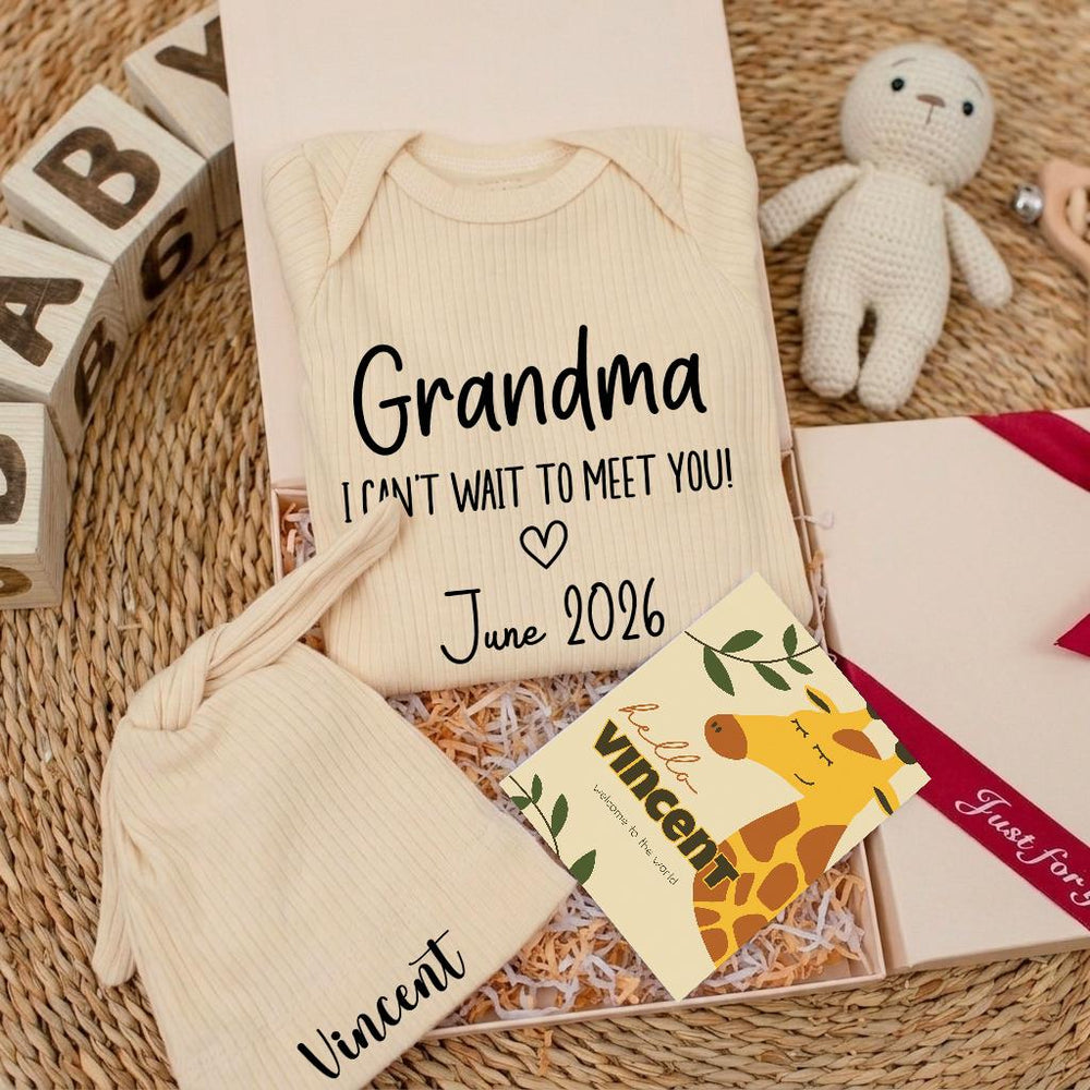 Grandma I Can't Wait to Meet You Baby Bodysuit Modern Black Typography Design Perfect Pregnancy Reveal Baby Shower Gift June 2026 Keepsake