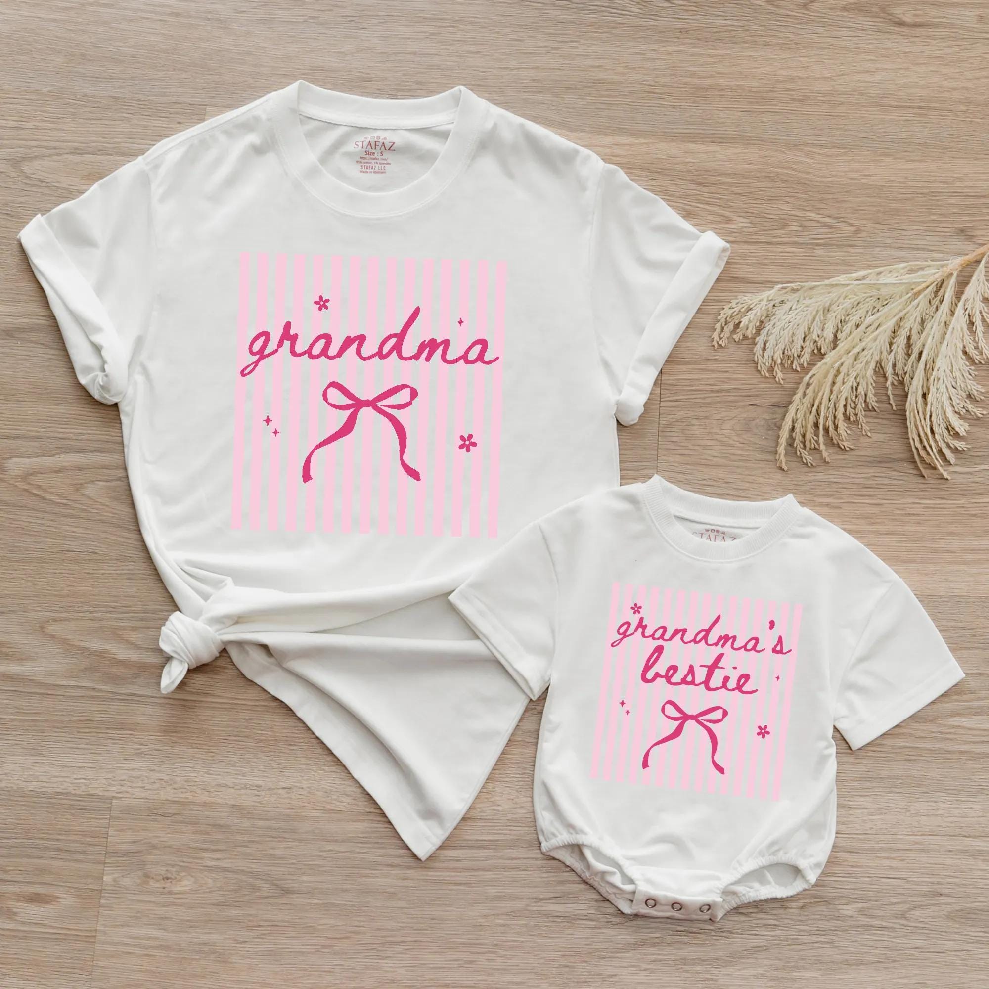 Grandma and Grandma's Bestie Matching Shirt and Baby Bodysuit Set with Pink Bow Design, New Grandma Gift, Mommy and Me Outfit
