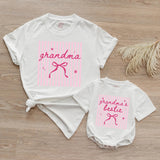 Grandma and Grandma's Bestie Matching Shirt and Baby Bodysuit Set with Pink Bow Design, New Grandma Gift, Mommy and Me Outfit