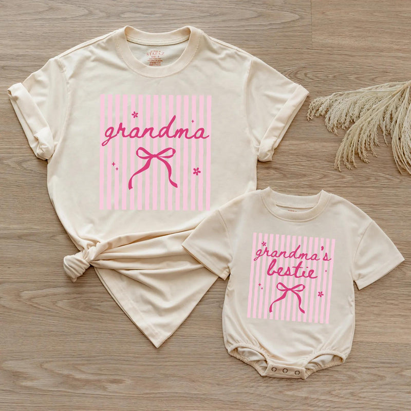 Grandma and Grandma's Bestie Matching Shirt and Baby Bodysuit Set with Pink Bow Design, New Grandma Gift, Mommy and Me Outfit