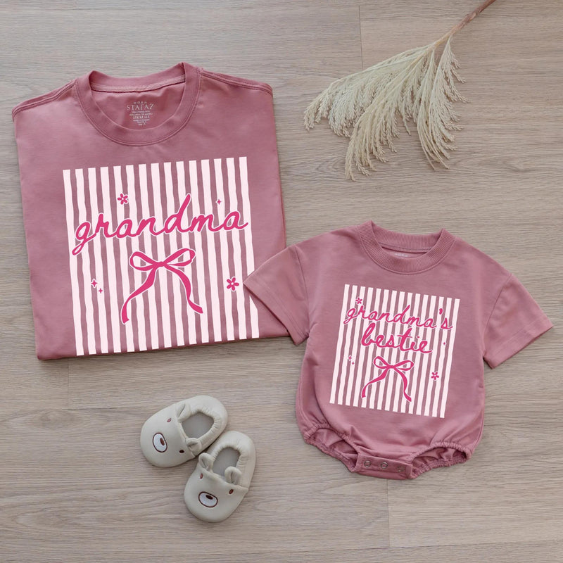 Grandma and Grandma's Bestie Matching Shirt and Baby Bodysuit Set with Pink Bow Design, New Grandma Gift, Mommy and Me Outfit