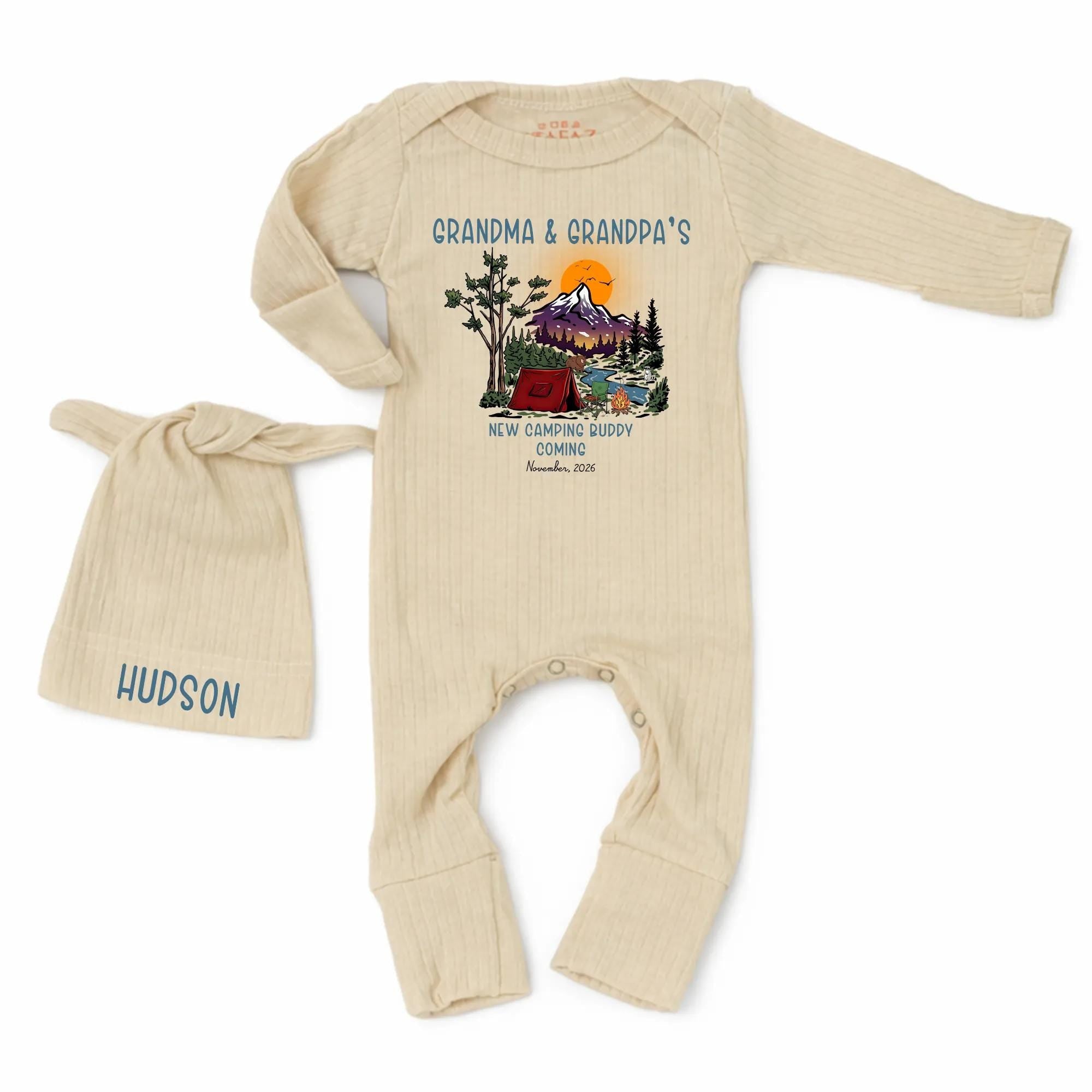 Grandma & Grandpa's New Camping Buddy Baby Bodysuit and Hat Set with Custom Name, Outdoor Adventure Pregnancy Reveal Outfit