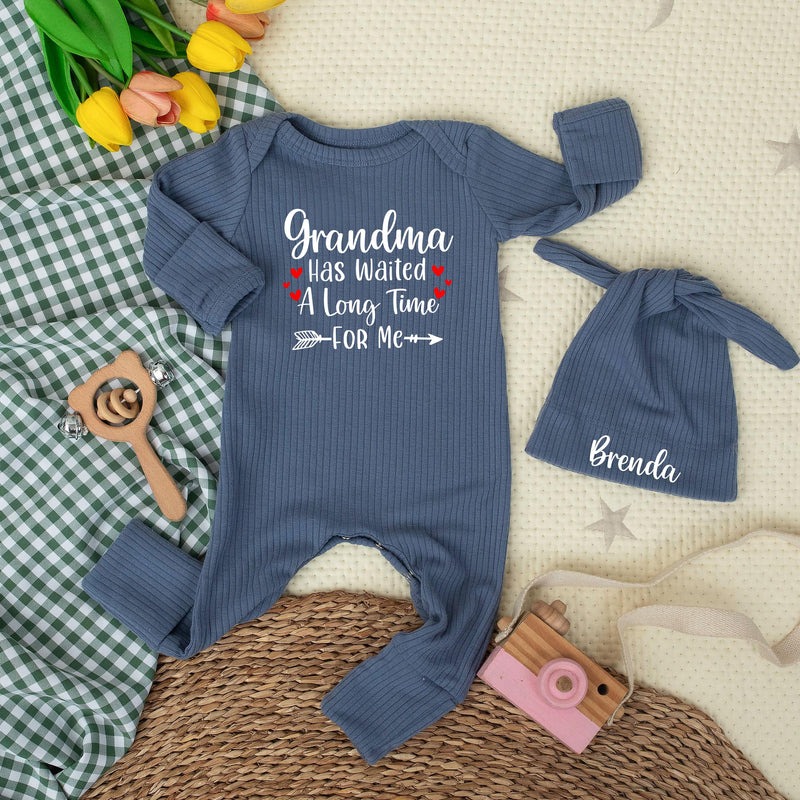 Grandma Has Waited a Long Time for Me Baby Bodysuit with Custom Name Hat Newborn Gift Outfit Baby Announcement Sentimental Shower Present