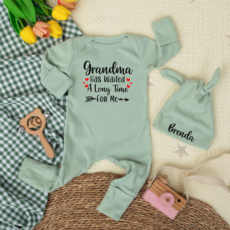 Grandma Has Waited a Long Time for Me Baby Bodysuit with Custom Name Hat Newborn Gift Outfit Baby Announcement Sentimental Shower Present