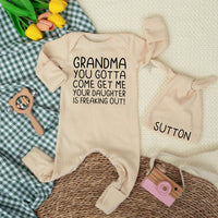 Grandma You Gotta Come Get Me Funny Baby Bodysuit Minimalist Black Text Outfit Gift for Newborns Baby Shower Reveal or First Photoshoot