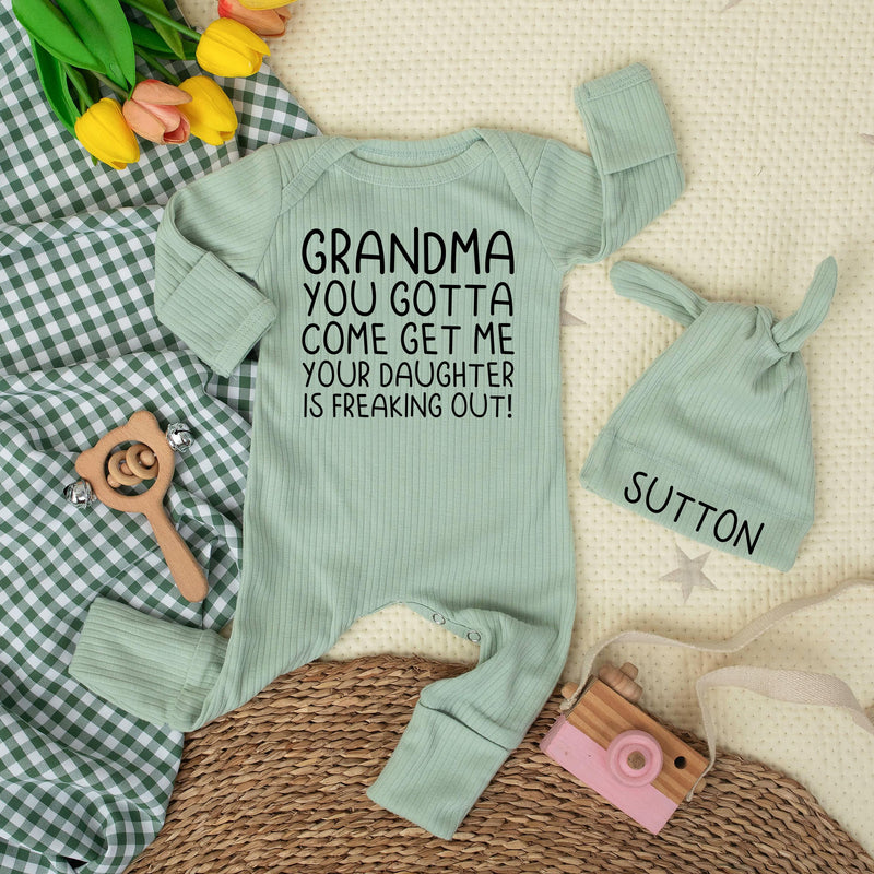 Grandma You Gotta Come Get Me Funny Baby Bodysuit Minimalist Black Text Outfit Gift for Newborns Baby Shower Reveal or First Photoshoot