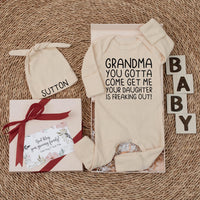 Grandma You Gotta Come Get Me Funny Baby Bodysuit Minimalist Black Text Outfit Gift for Newborns Baby Shower Reveal or First Photoshoot