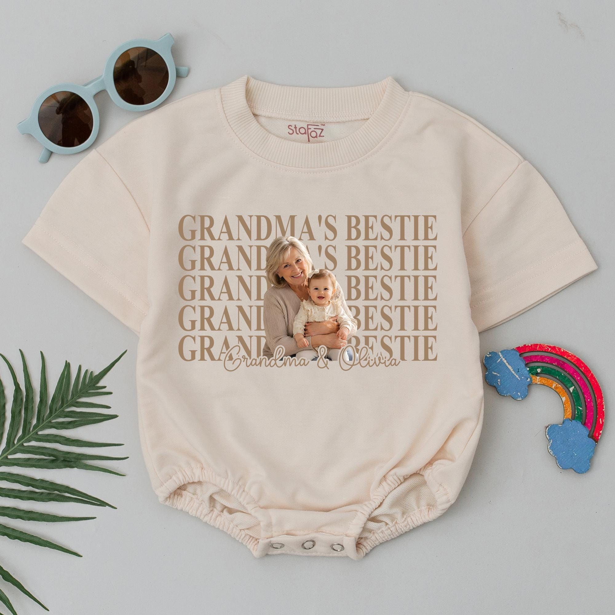 Grandma's Bestie Baby Romper with Custom Photo and Name, Newborn to 24M Personalized Outfit, Cute Baby Shower Gift Idea