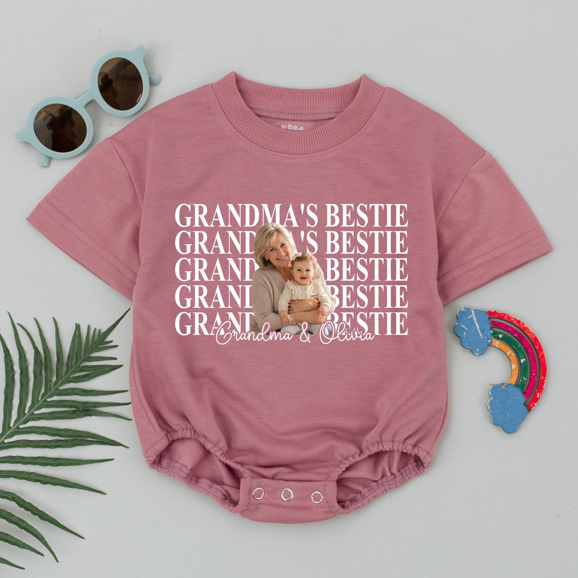 Grandma's Bestie Baby Romper with Custom Photo and Name, Newborn to 24M Personalized Outfit, Cute Baby Shower Gift Idea