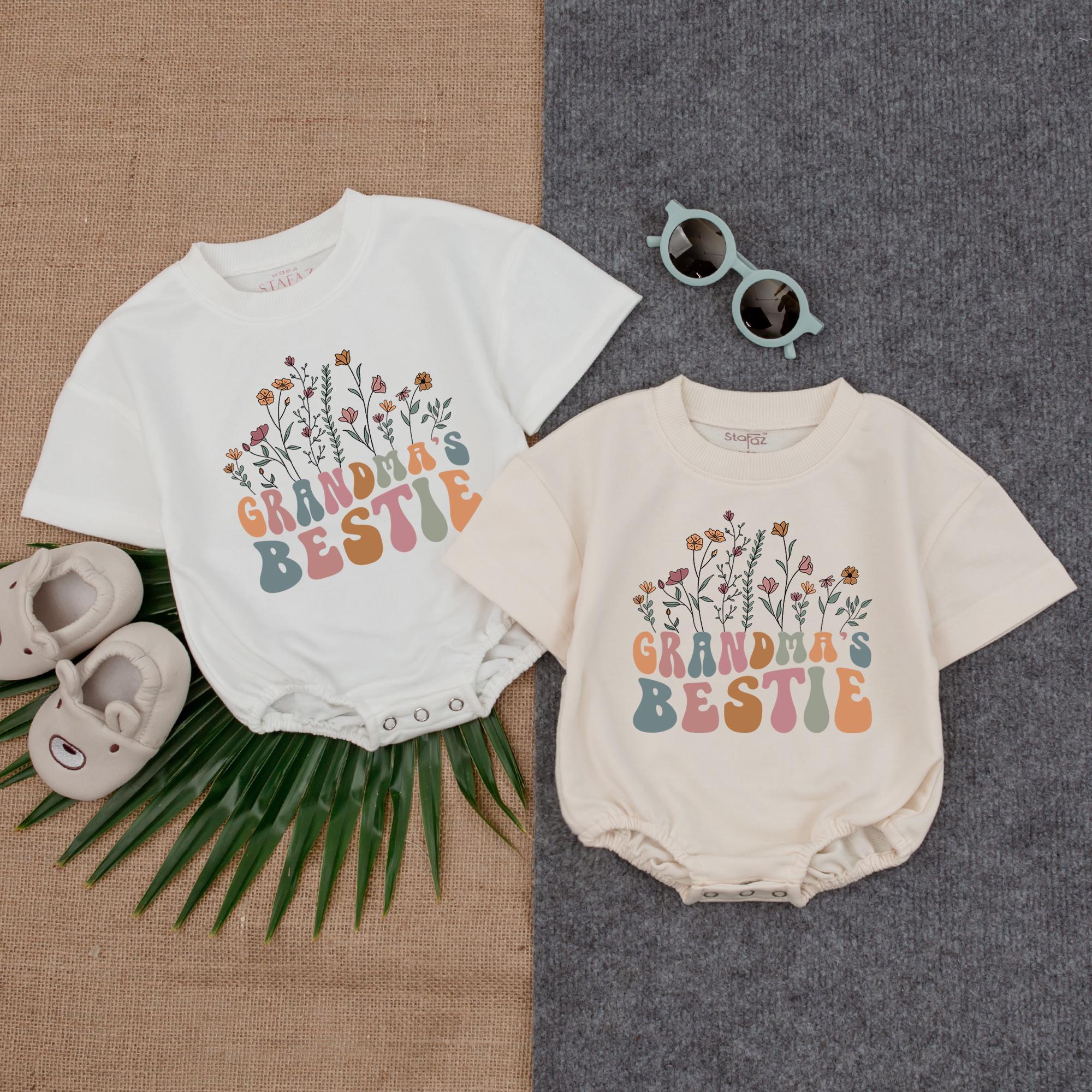 Grandma's Bestie Floral Wildflower Baby Romper Retro Outfit Soft Cotton Birthday Shower Gift for Baby Girl Nostalgic Design