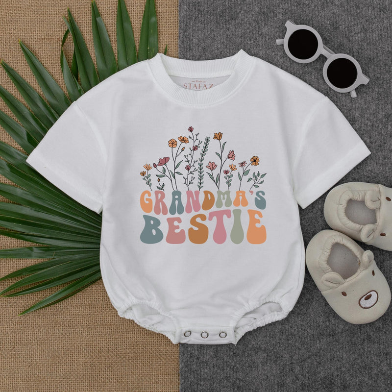 Grandma's Bestie Floral Wildflower Baby Romper Retro Outfit Soft Cotton Birthday Shower Gift for Baby Girl Nostalgic Design