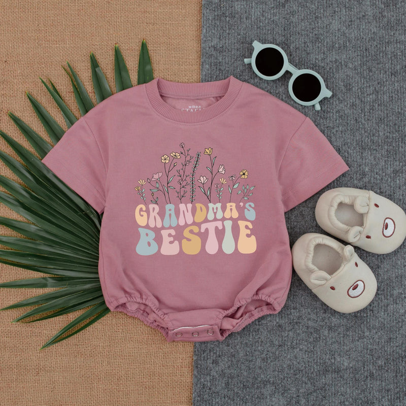 Grandma's Bestie Floral Wildflower Baby Romper Retro Outfit Soft Cotton Birthday Shower Gift for Baby Girl Nostalgic Design
