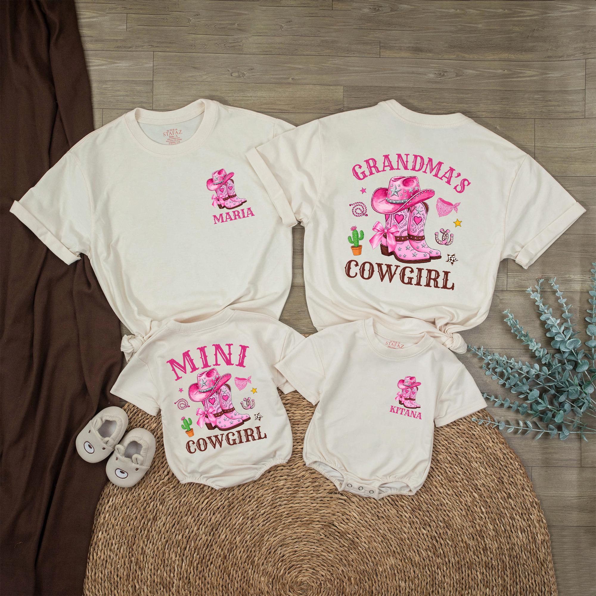 Grandma's Cowgirl Matching Family Shirts and Baby Romper Set with Pink Western Graphic and Custom Names, Cute Gift for Granddaughter
