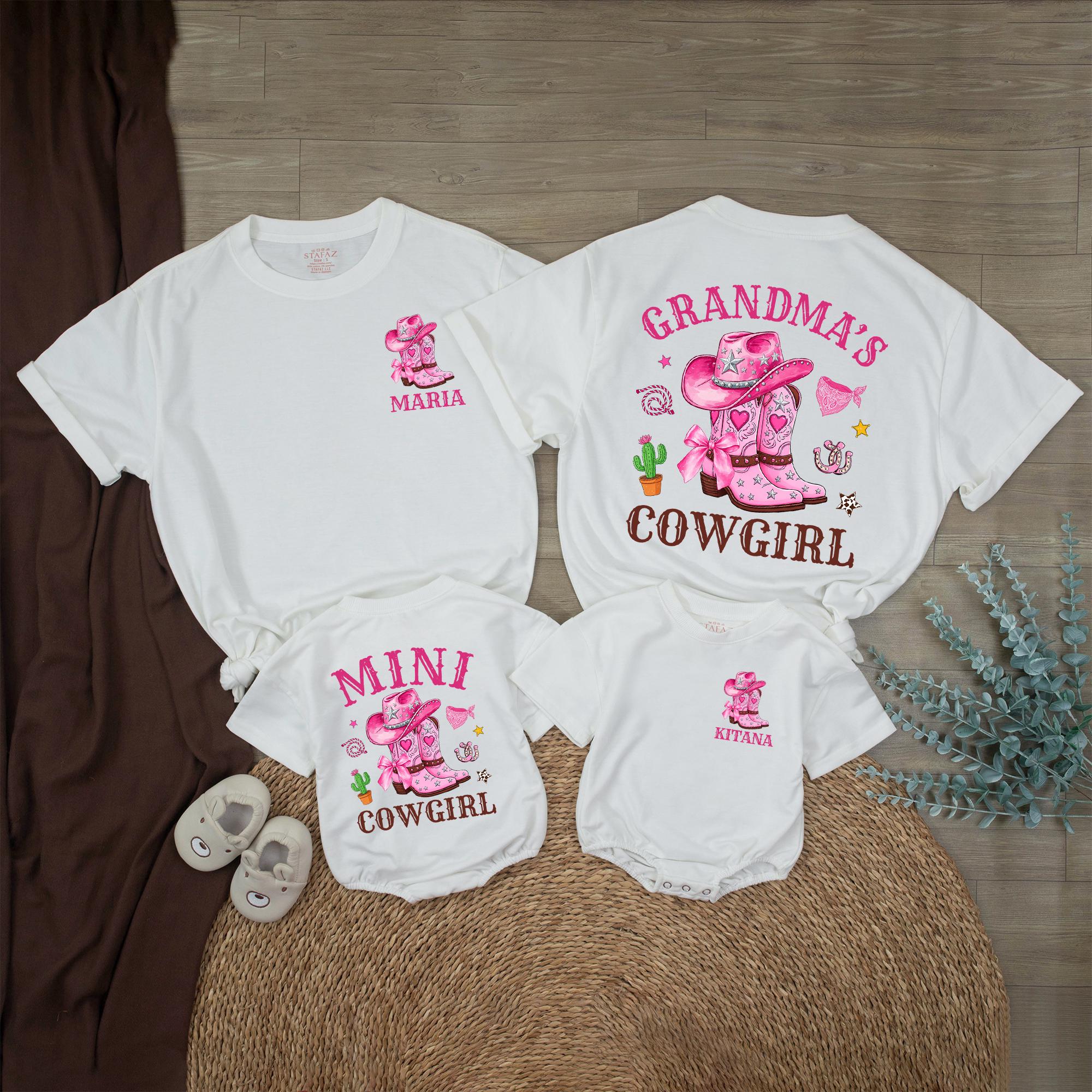 Grandma's Cowgirl Matching Family Shirts and Baby Romper Set with Pink Western Graphic and Custom Names, Cute Gift for Granddaughter