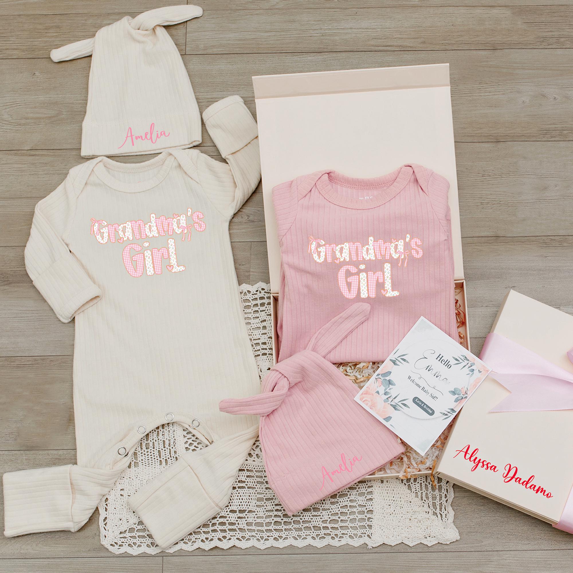 Grandma's Girl Baby Bodysuit & Hat Set with Custom Name, Ribbed Cotton Newborn Coming Home Outfit, Perfect Baby Shower Gift