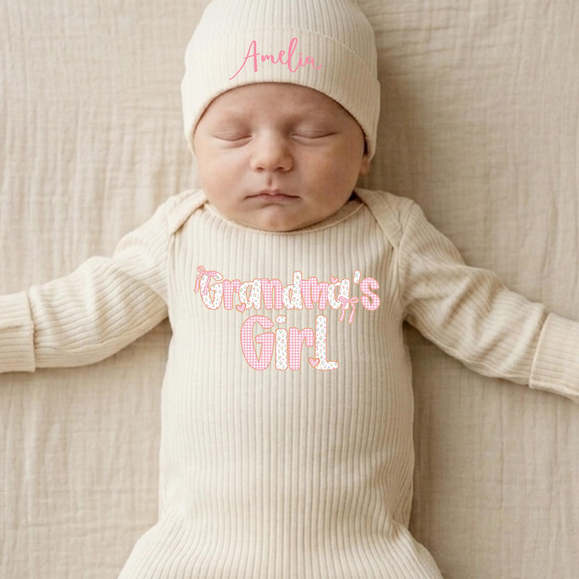 Grandma's Girl Baby Bodysuit & Hat Set with Custom Name, Ribbed Cotton Newborn Coming Home Outfit, Perfect Baby Shower Gift