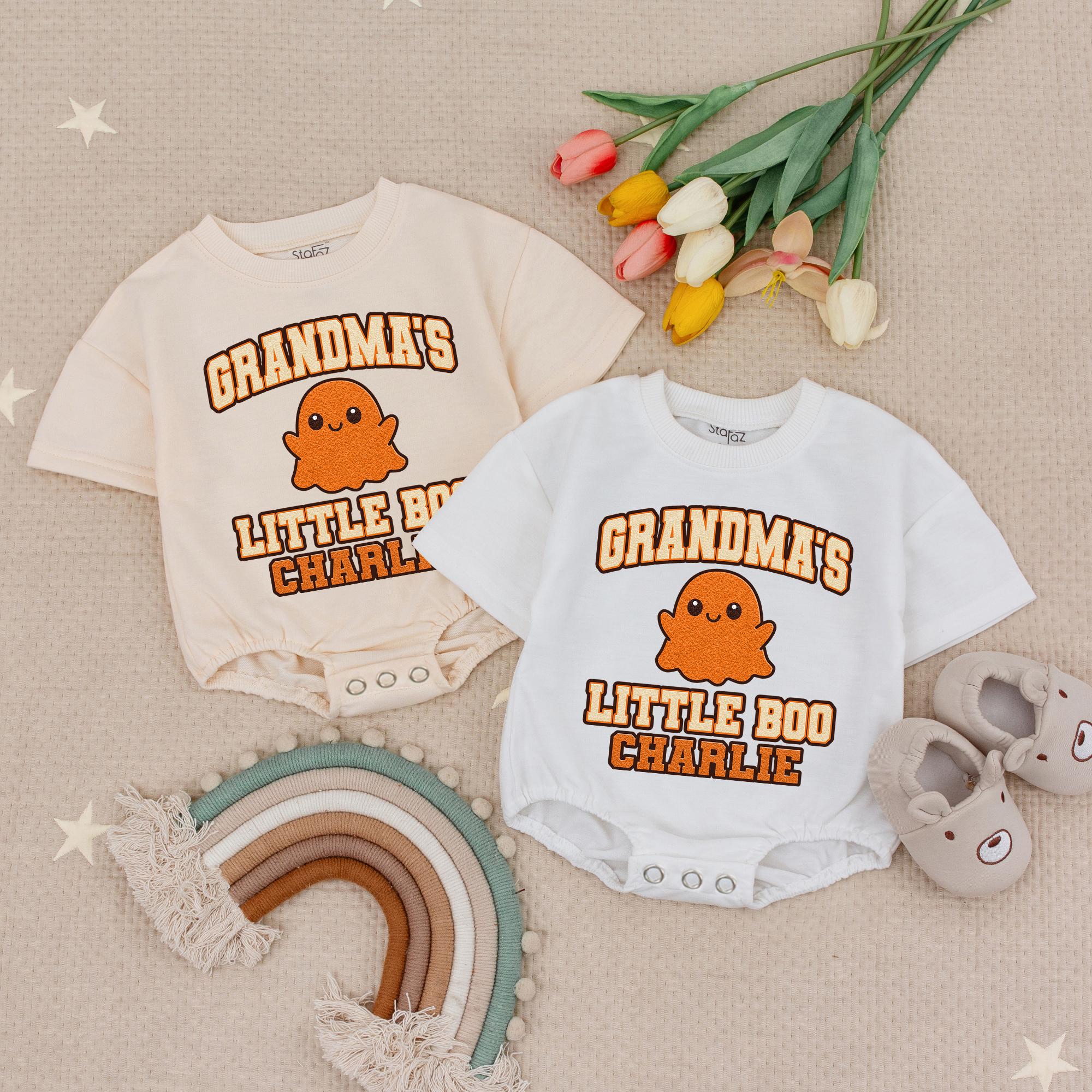 Grandma's Little Boo Baby Romper with Orange Ghost Graphic and Custom Name, Halloween Outfit for Newborns and Infants