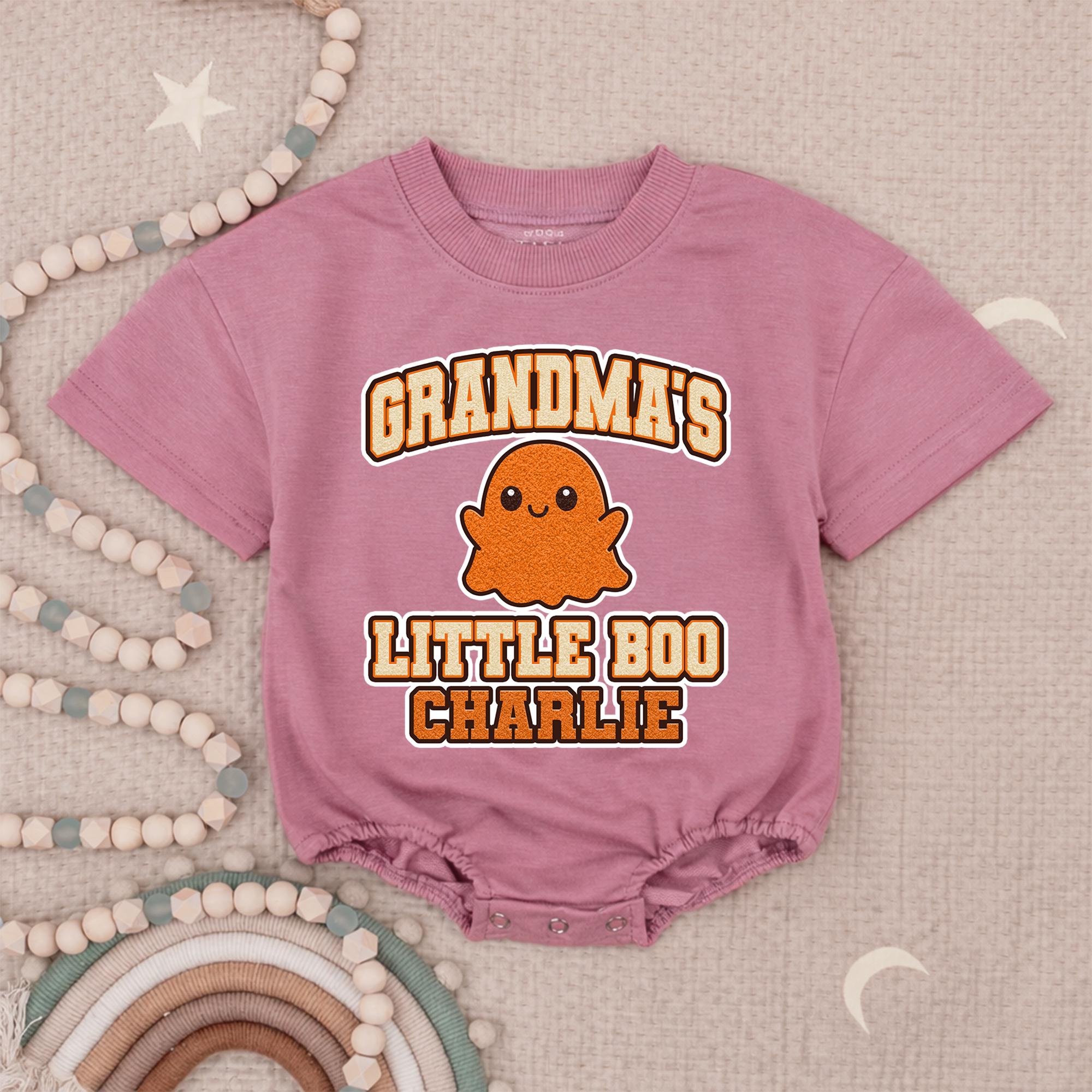 Grandma's Little Boo Baby Romper with Orange Ghost Graphic and Custom Name, Halloween Outfit for Newborns and Infants