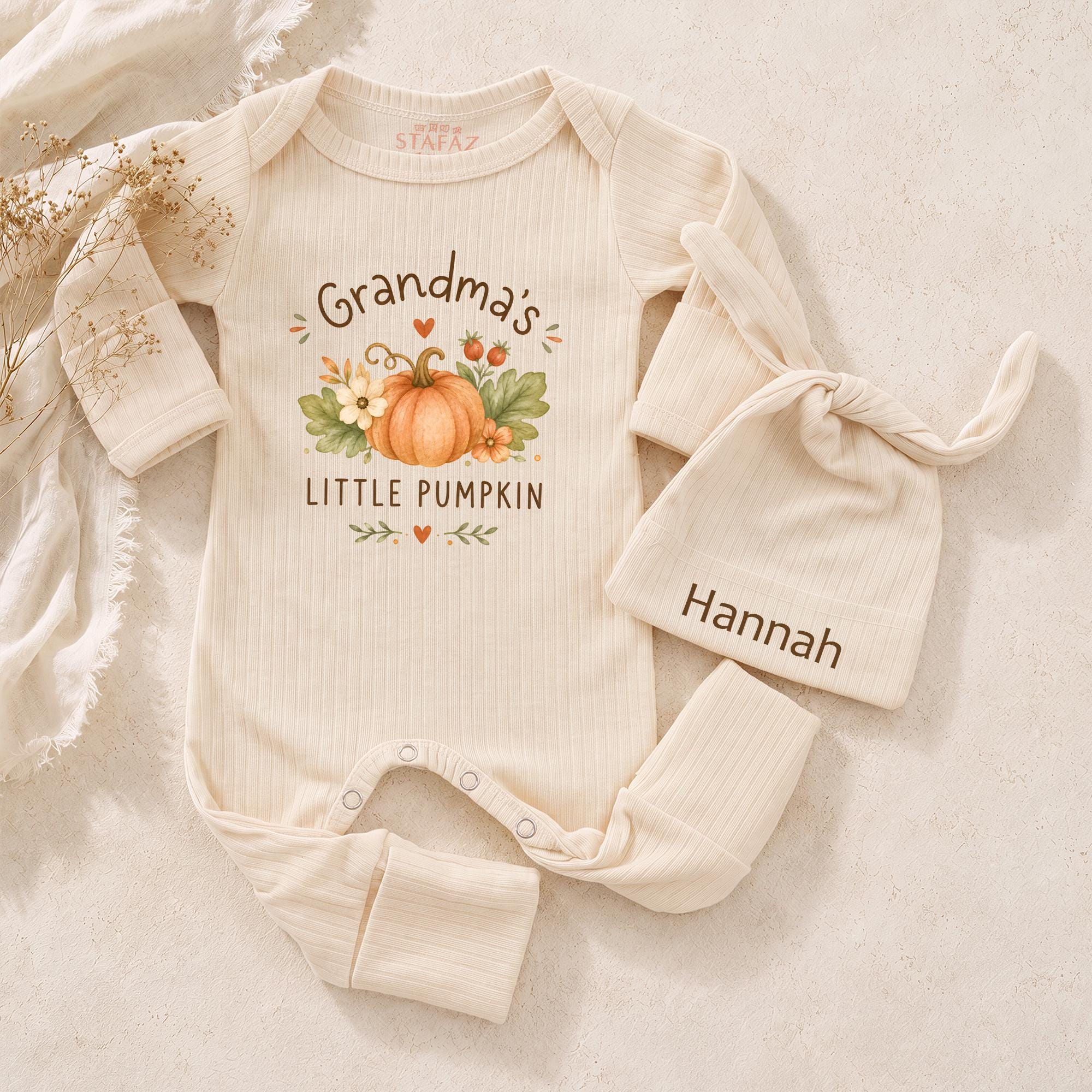 Grandma's Little Pumpkin Baby Bodysuit and Custom Name Hat, First Thanksgiving Outfit, Fall Baby Clothes for Newborns and Infants